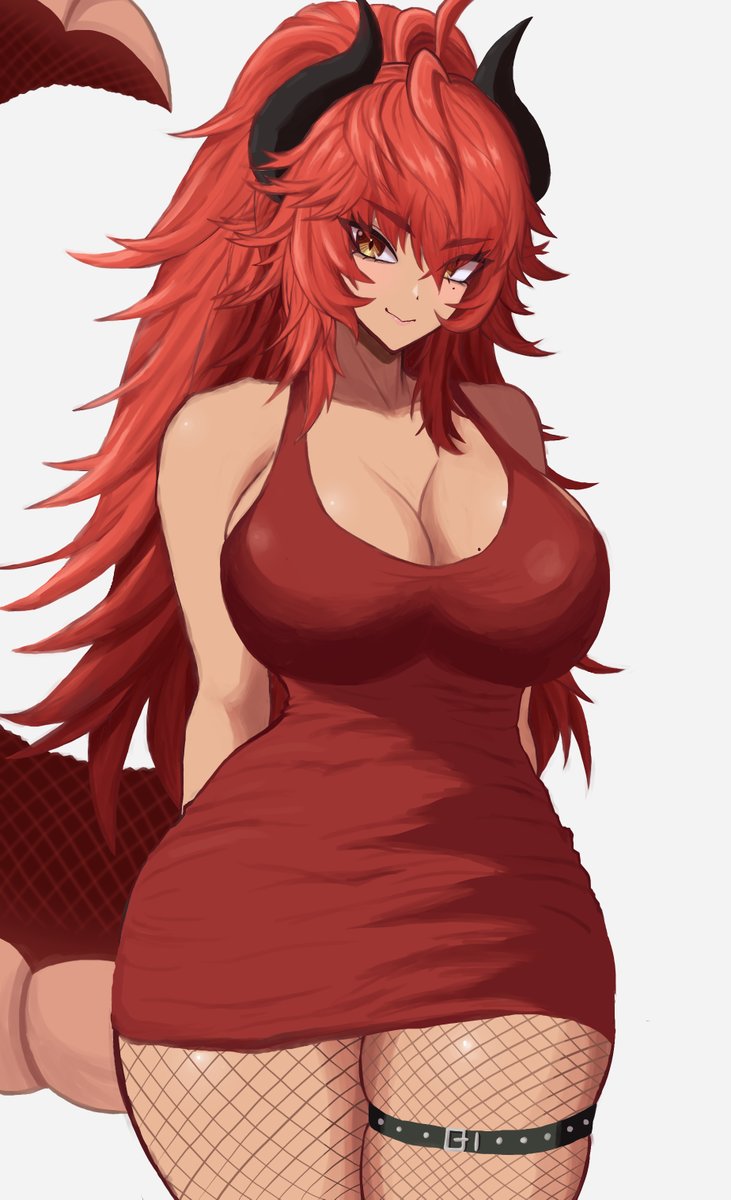 1girl, alternate costume, arms behind back, breasts, cleavage, commentary, dragon girl, dragon horns, dragon tail, dress, english commentary, fishnet pantyhose, fishnets, highres, horns, large breasts, long hair, looking at viewer, meibin, pantyhose, red dress, red hair, smile, socks agency, solo, tail, virtual youtuber, white background, yellow eyes, zentreya, zentreya (dragon)