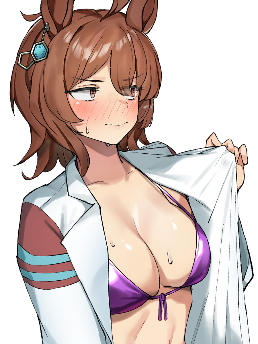 1girl, agnes tachyon (umamusume), amepa (ame pinecandy), blush, brown hair, cleavage, closed mouth, embarrassed, horse ears, horse girl, large breasts, looking to the side, open clothes, open coat, purple bikini, red eyes, short hair, solo, umamusume, umamusume pretty derby, white coat
