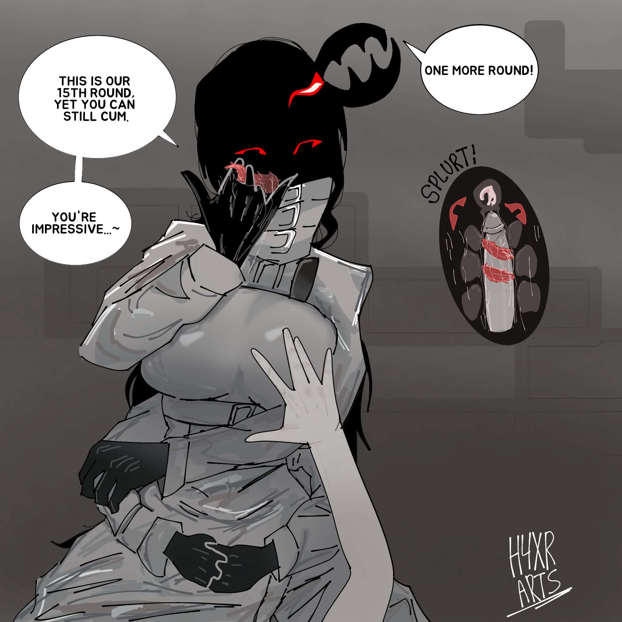 4 arms, black body, black hair, cum, cum in pussy, cum inside, demon, demon girl, dialogue, impressed, long hair, red eyes, sleep paralysis demon, tongue, tongue out, watermark, xray, xray view