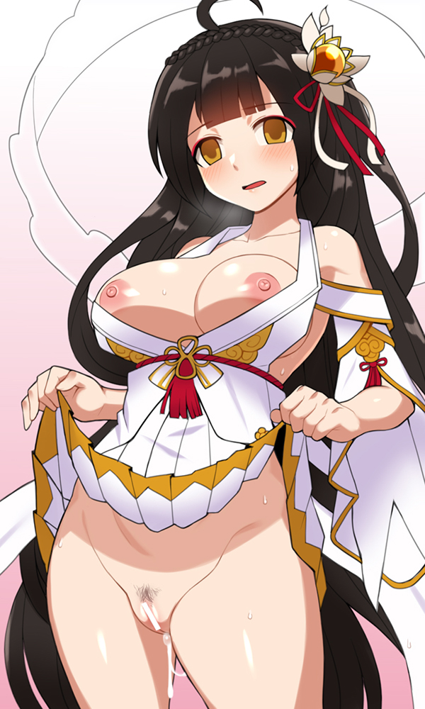 apsara_(elsword) ara_haan bikini blush braid breasts breasts_out cum cum_in_pussy cumdrip detached_sleeves elsword eyebrows_visible_through_hair female fluids frown heavy_breathing innie_pussy lowres micro_bikini nipples nt00 pubic_hair skirt skirt_lift sweat swimsuit