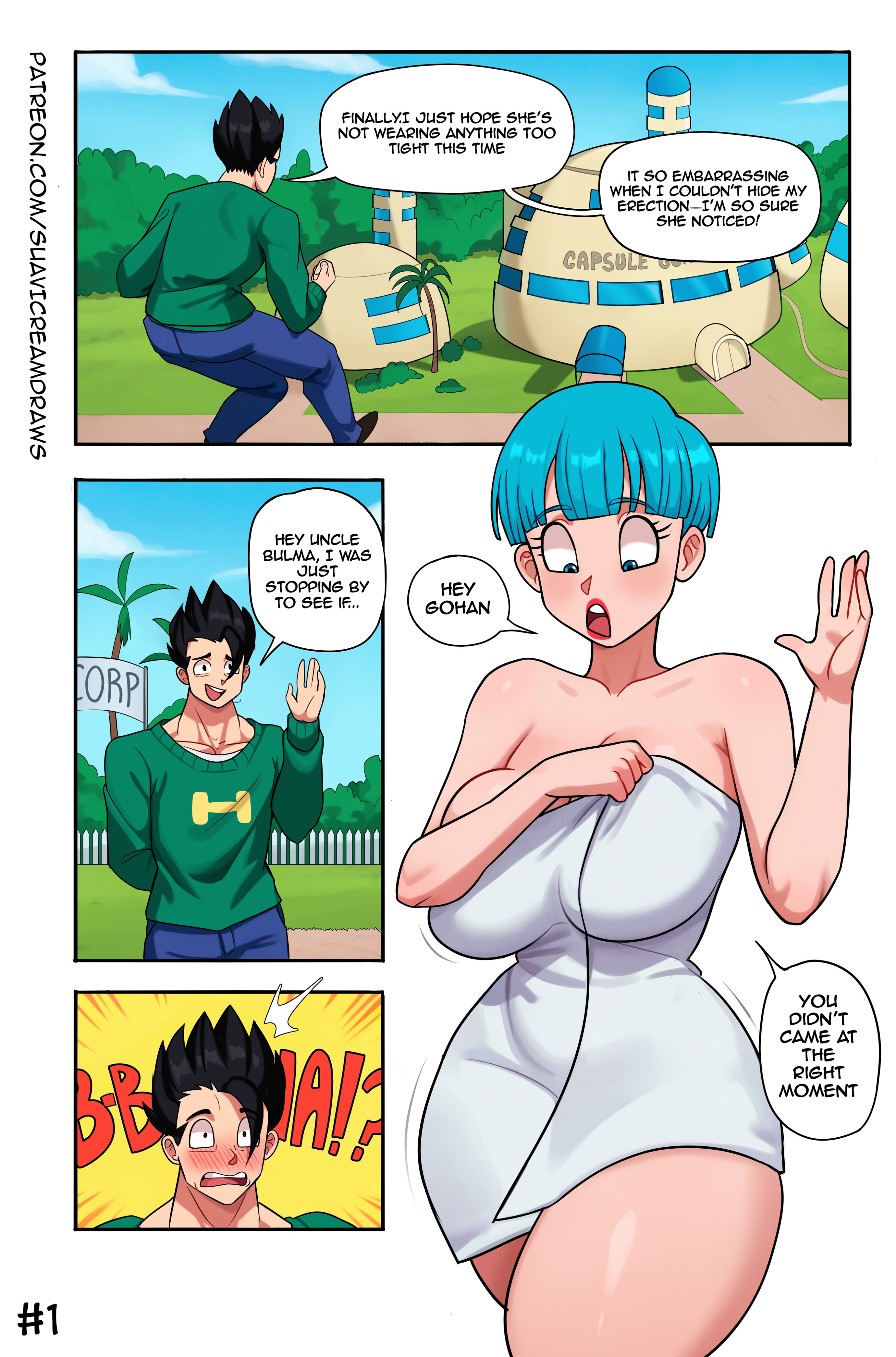 1boy, 1girls, blue eyes, breasts, bulma briefs, cleavage, dragon ball, dragon ball z, english text, female, large breasts, light skin, light-skinned female, male, mature female, son gohan, suavicreamdraws, text, thick thighs, thighs, towel, towel only, wide hips