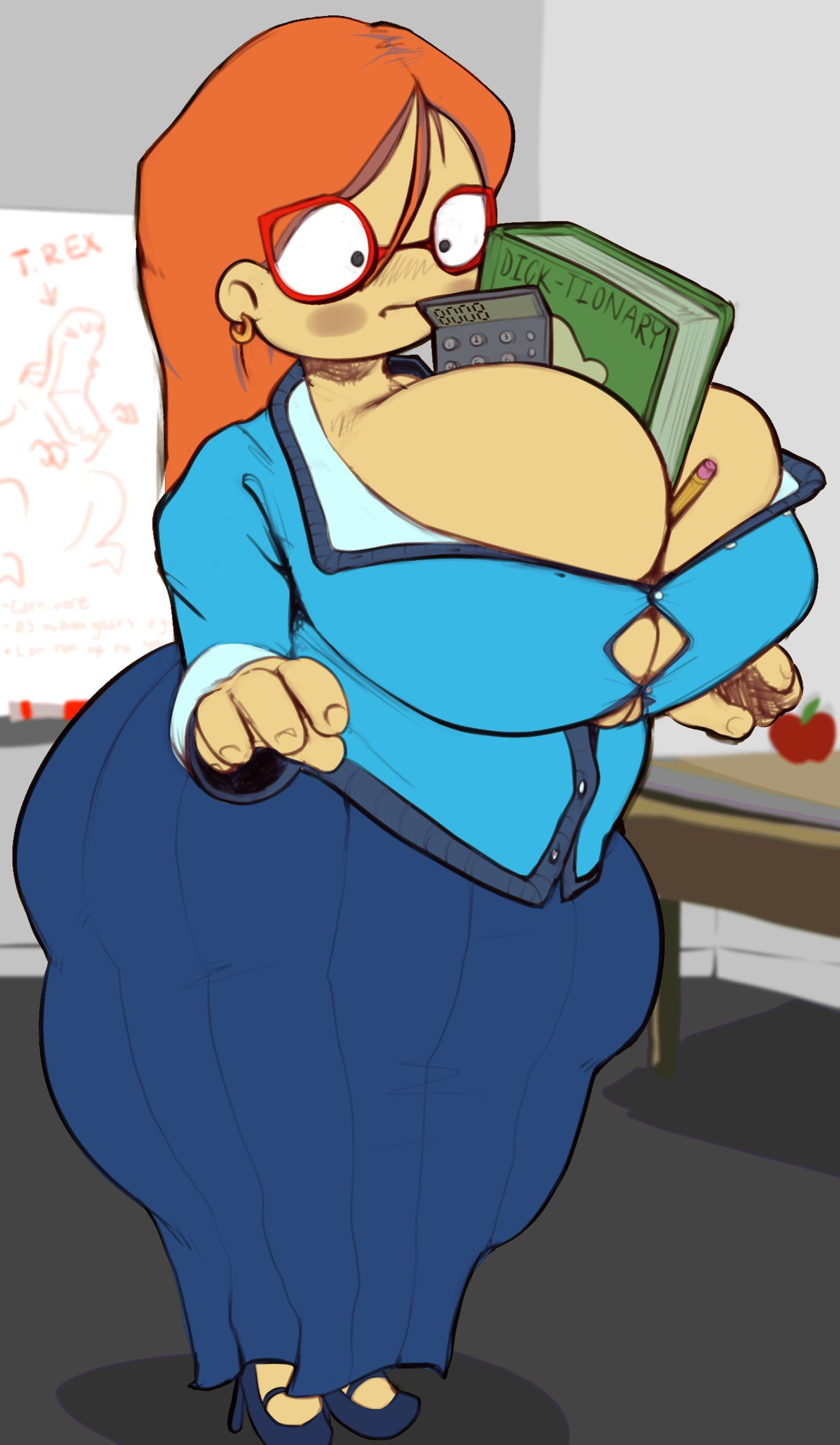 1girls, big breasts, book, boranaut, calculator, classroom, cleavage, cleavage overflow, clothed, clothing, dictionary, enormous breasts, glasses, huge breasts, kindergarten (game), kindergarten 3, large breasts, long hair, massive breasts, ms. lovelett, object between breasts, teacher, thick thighs, voluptuous, voluptuous female