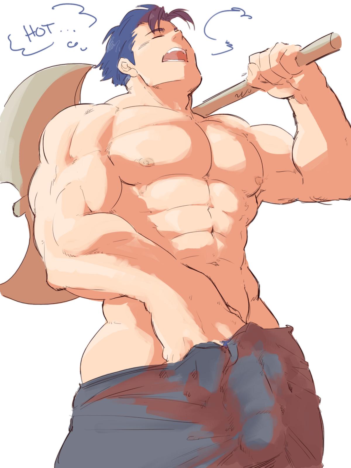 1boy abs bara biceps fire_emblem fire_emblem:_the_blazing_blade gay hector_(fire_emblem) human male male_only muscular penis_under_clothes piikeisandaa solo