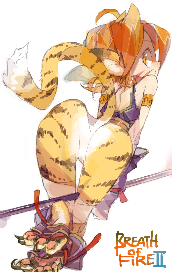 amiami animal_ears ass bottomless breath_of_fire breath_of_fire_ii clothing copyright_name facial_mark female from_behind fur looking_back rinpoo_chuan short_hair solo tail