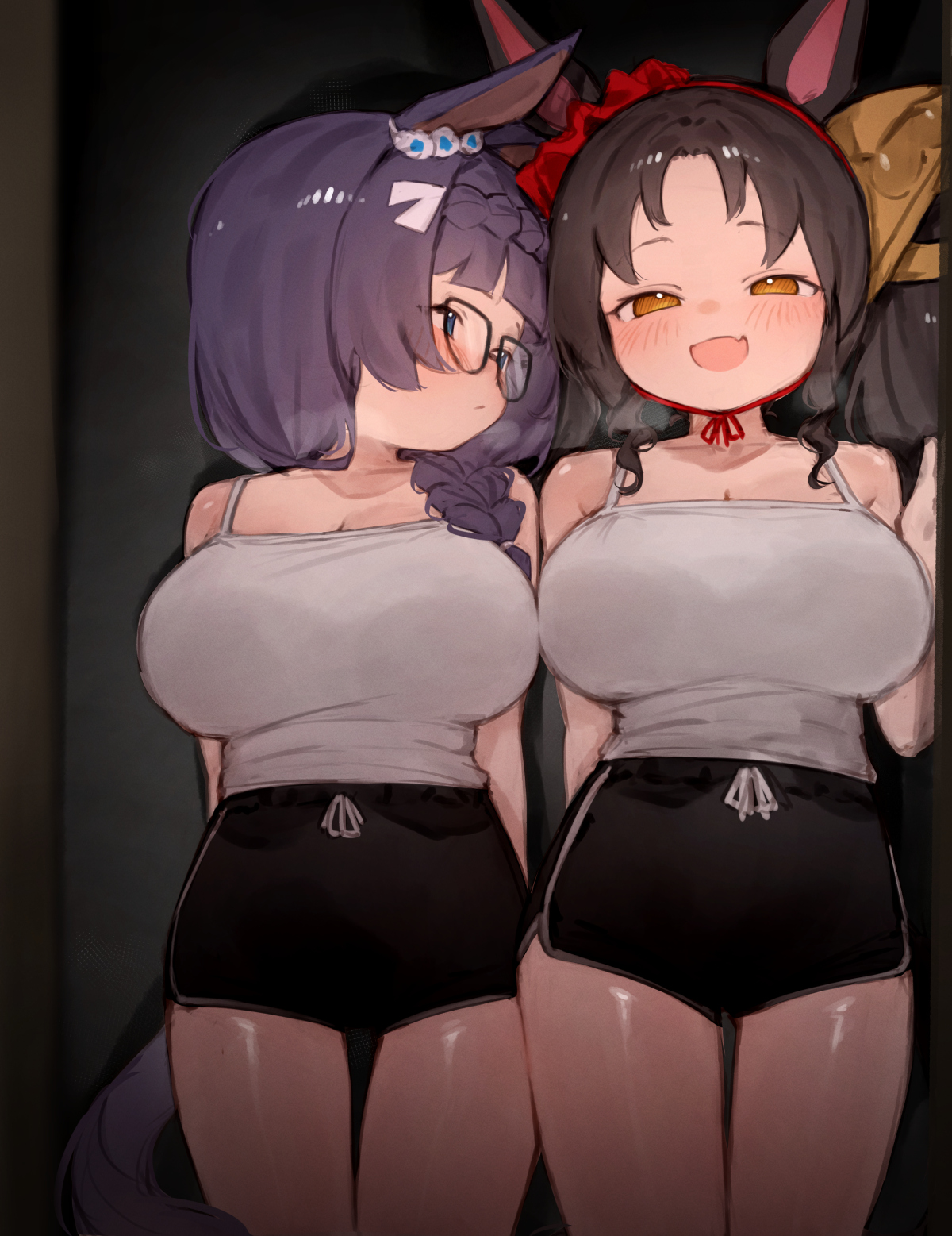 2girls, black camisole, black hair, black shorts, blue eyes, blush, brown eyes, dolphin shorts, horse ears, horse girl, large breasts, long hair, looking at viewer, marvelous sunday (umamusume), thighs, umamusume, umamusume pretty derby, xaea xp, zenno rob roy (umamusume)