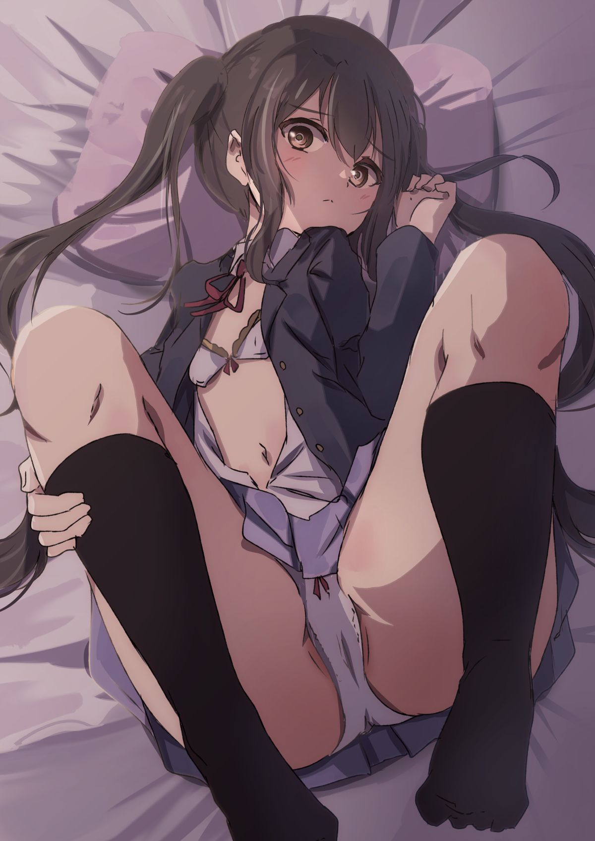 1girls, artist request, azusa nakano (k-on!), k-on!, on bed, tagme, underwear