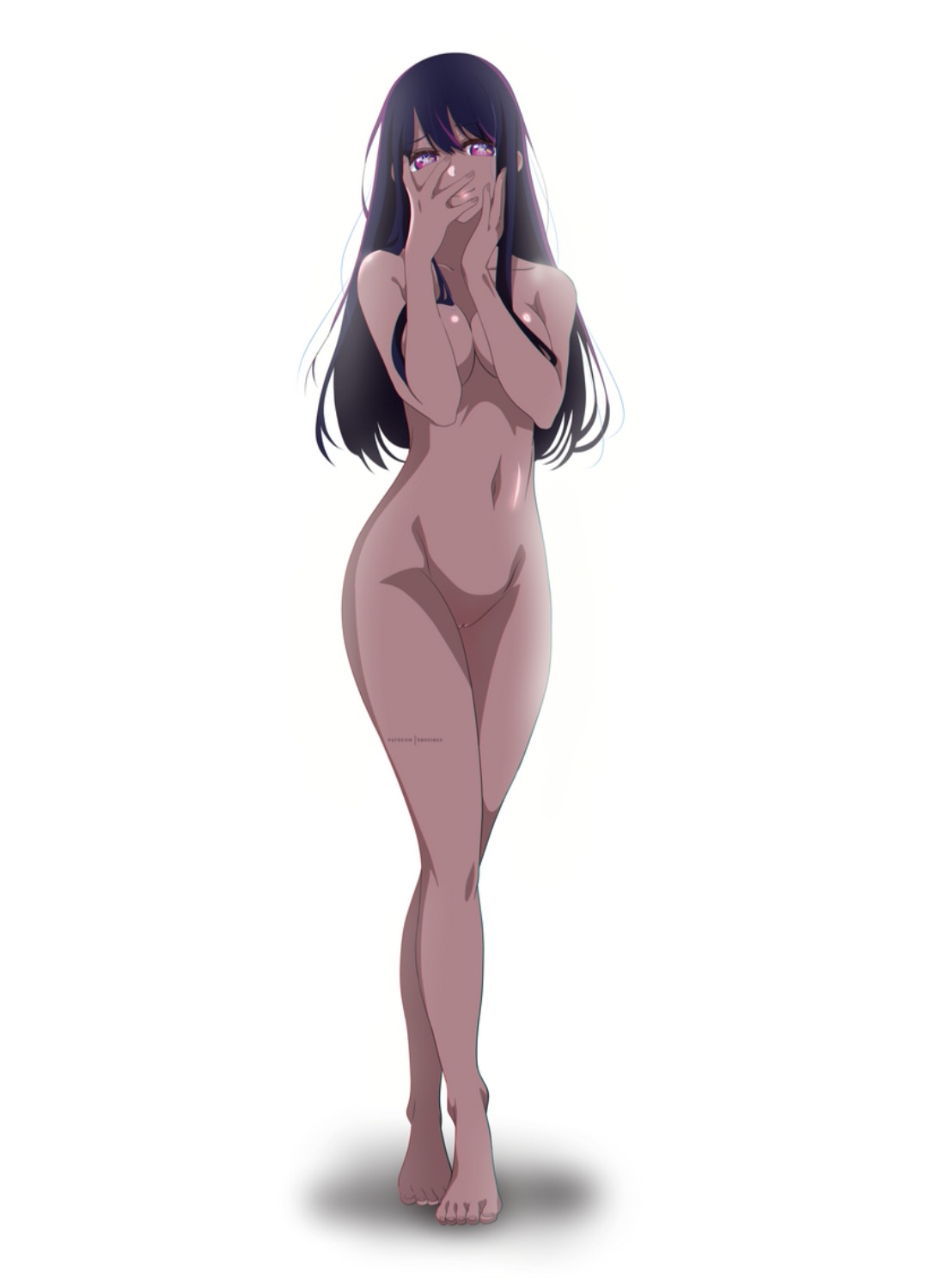 1girls, anime style, axfa, barefoot, black hair, breasts, female, full body, highres, hoshino ai, idol, kevcrexx, light skin, light-skinned female, long hair, looking at viewer, medium breasts, nude, oshi no ko, pink eyes, purple eyes, purple hair, smile, smiling, smiling at viewer, solo, toned, white background, white skin