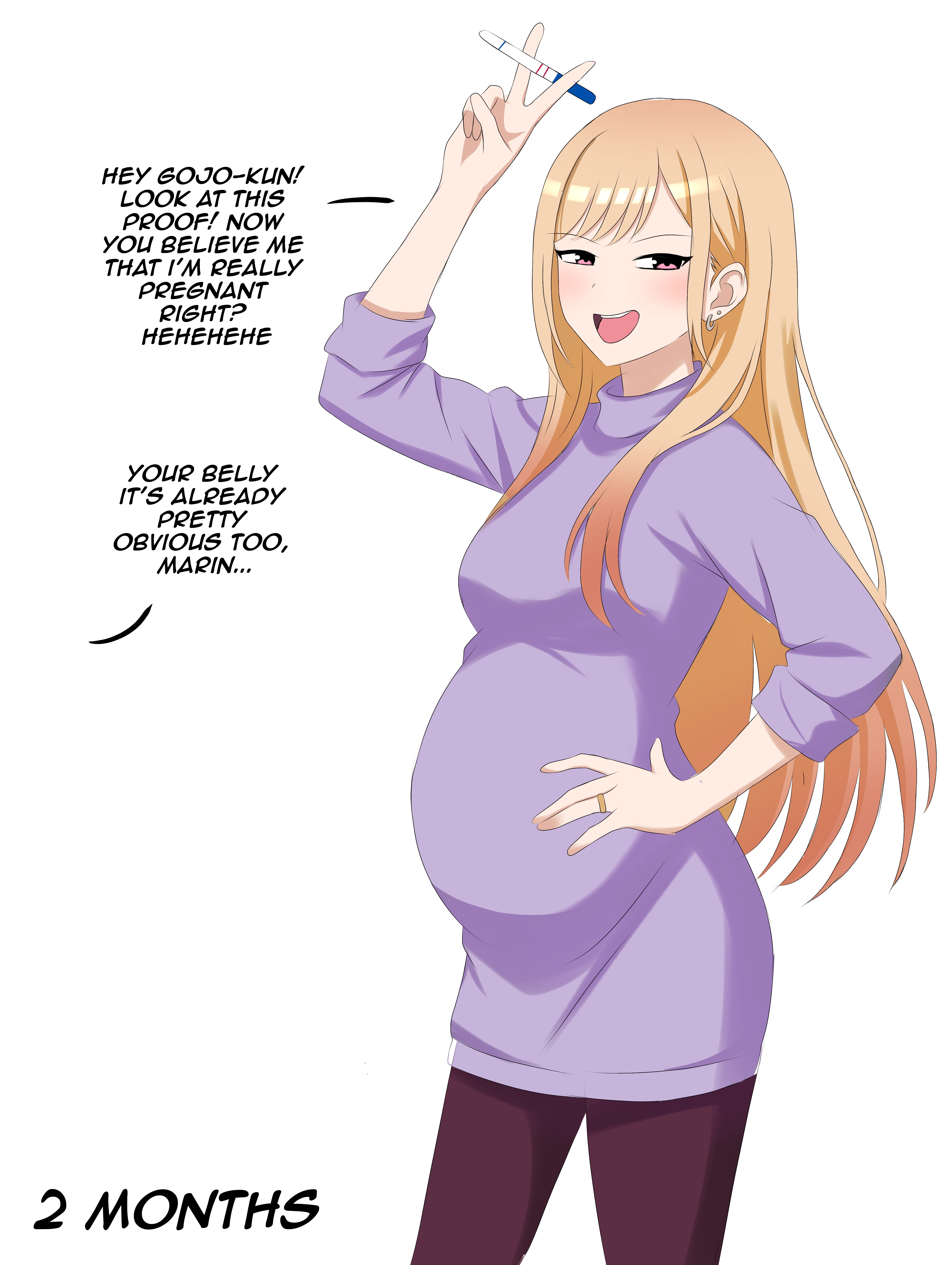 1girls, aged up, bloated belly, blonde hair, clothed, clothing, early pregnancy, earrings, female, female focus, happy, kitagawa marin, long hair, maternity clothes, maternity dress, milf, my dress up darling, pink eyes, positive pregnancy test, pregnancy test, pregnant, sarawa kotoku, sono bisque doll wa koi wo suru, turtleneck, wedding ring, wholesome