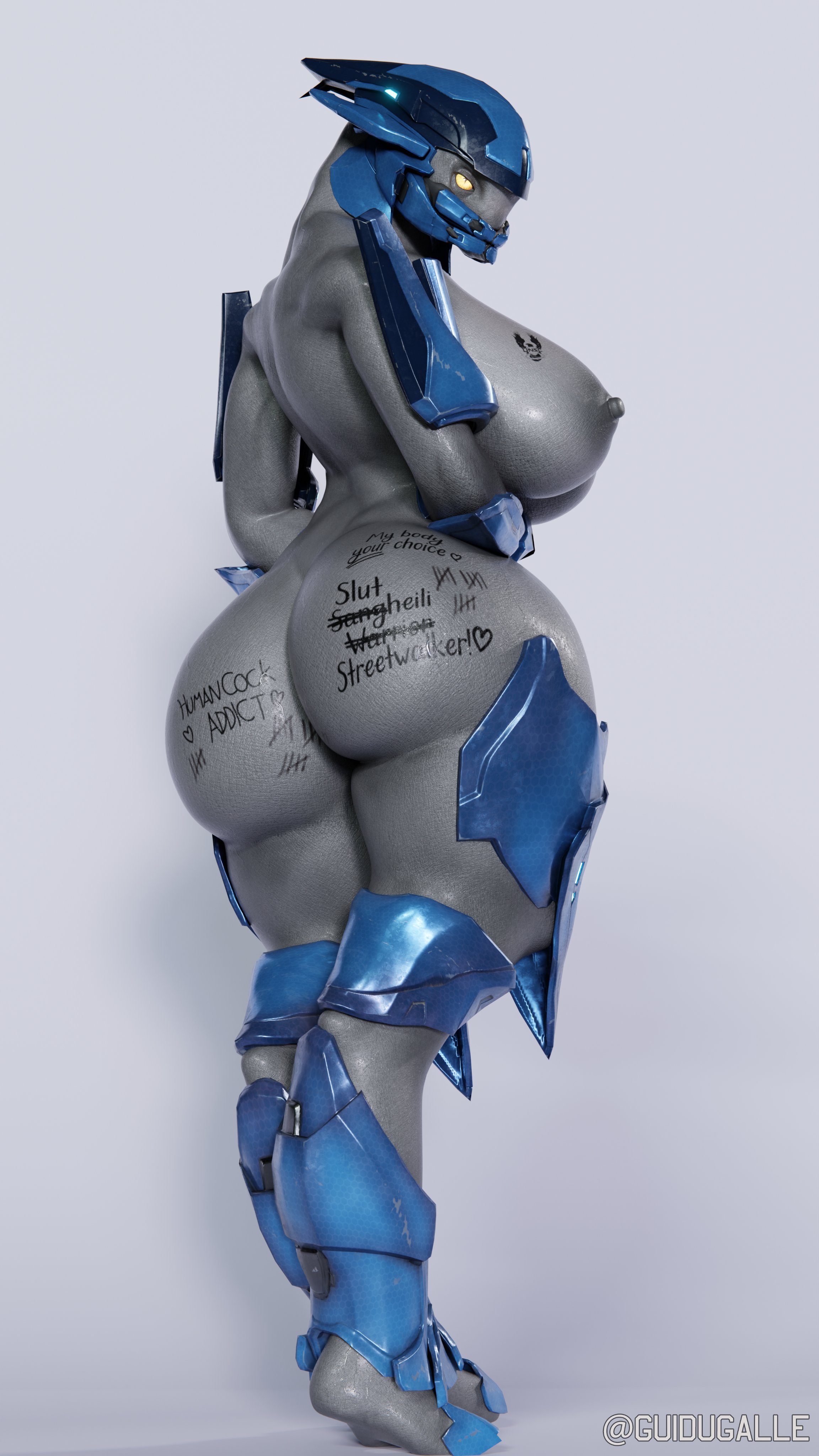 1girl, 1girls, 3d, 3d (artwork), alien, alien girl, alien humanoid, alternate version available, areola, areolae, armor, armored female, ass, big ass, big breasts, blue armor, body writing, breasts, curvaceous, curvaceous figure, curvy, curvy body, curvy female, curvy figure, elite (halo), erect nipples, female, female focus, female only, female sangheili, grey areola, grey nipples, guidugalle, guimontag, halo (series), helmet, high quality, high resolution, highres, hips, human is better, large ass, large breasts, nipples, partially clothed, raceplay, sangheili, simple background, solo, solo female, solo focus, standing, tattoo, tattoo on breast, tattoo on butt, tattoos, thick thighs, thighs, wide hips, yellow eyes