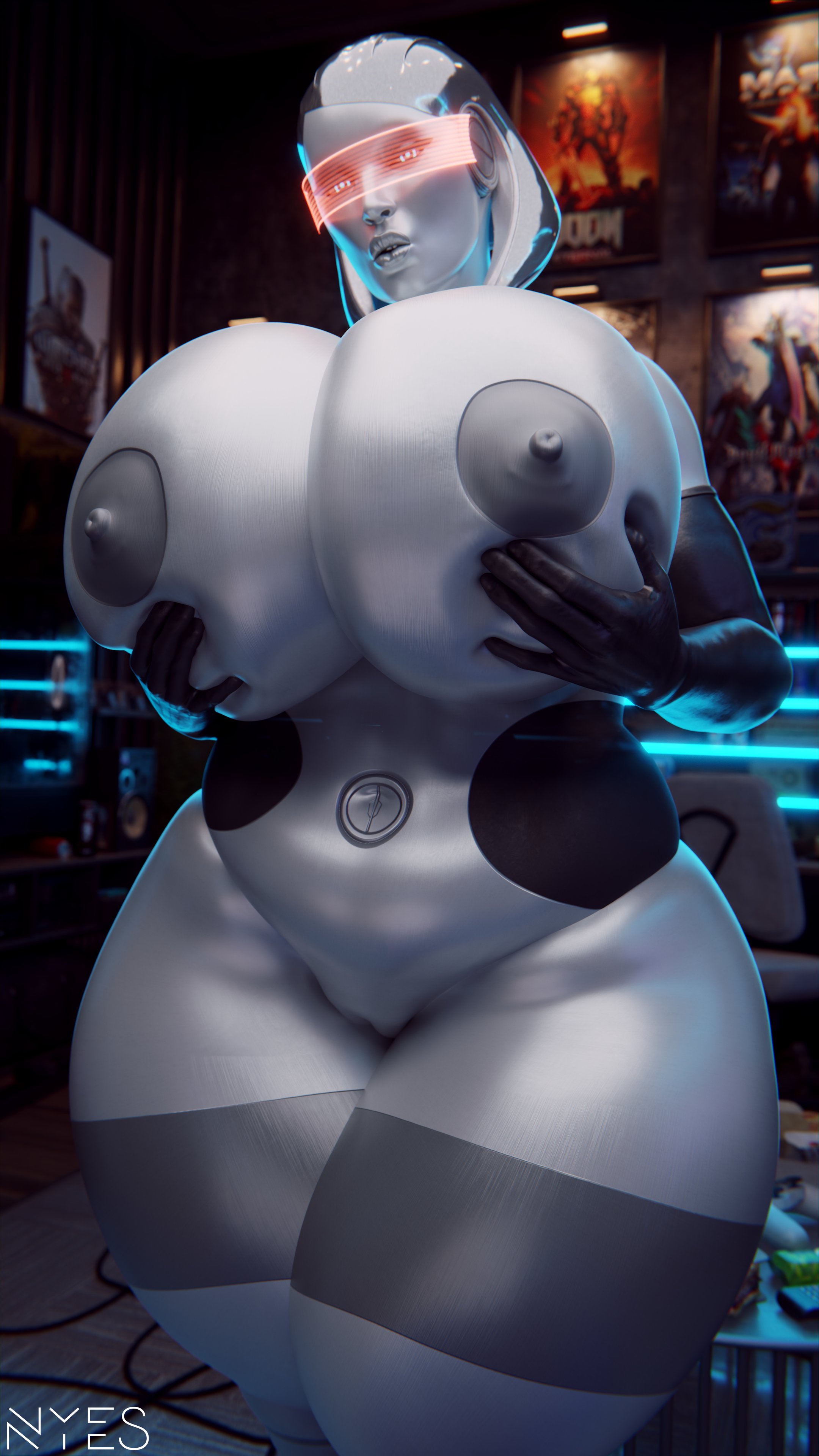 1girl, 1girls, 3d, 3d (artwork), android, android girl, artificial intelligence, belly, big breasts, bioware, breasts, cowboy shot, curvaceous, curvaceous figure, curvy, curvy body, curvy female, curvy figure, edi, edi (rigid3d), electronic arts, female, female focus, female only, grey skin, grey-skinned female, hands on breasts, hands on own breasts, high quality, high resolution, highres, hips, holding breast, holding own breast, huge breasts, indoors, large breasts, mass effect, nyes117, orange visor, robot, robot girl, robot humanoid, silicone, silicone implants, solo, solo female, solo focus, standing, thick thighs, thighs, visor, visor (eyewear), voluptuous, voluptuous body, voluptuous female, wide hips