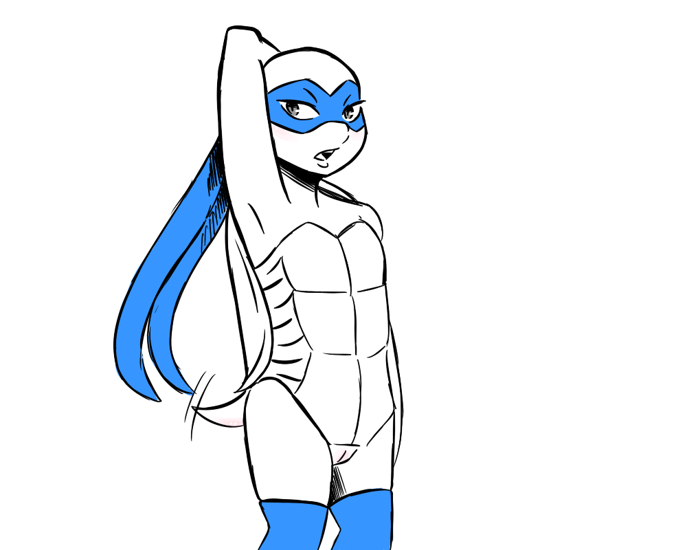 2019 animal_genitalia anthro bandana clothing genital_slit hand_behind_head inkyfrog legwear leonardo looking_at_viewer male male_only mask mostly_nude motion_lines open_mouth partially_colored pose reptile scalie shell simple_background slit solo standing tailwag teenage_mutant_ninja_turtles thigh_highs turtle white_background