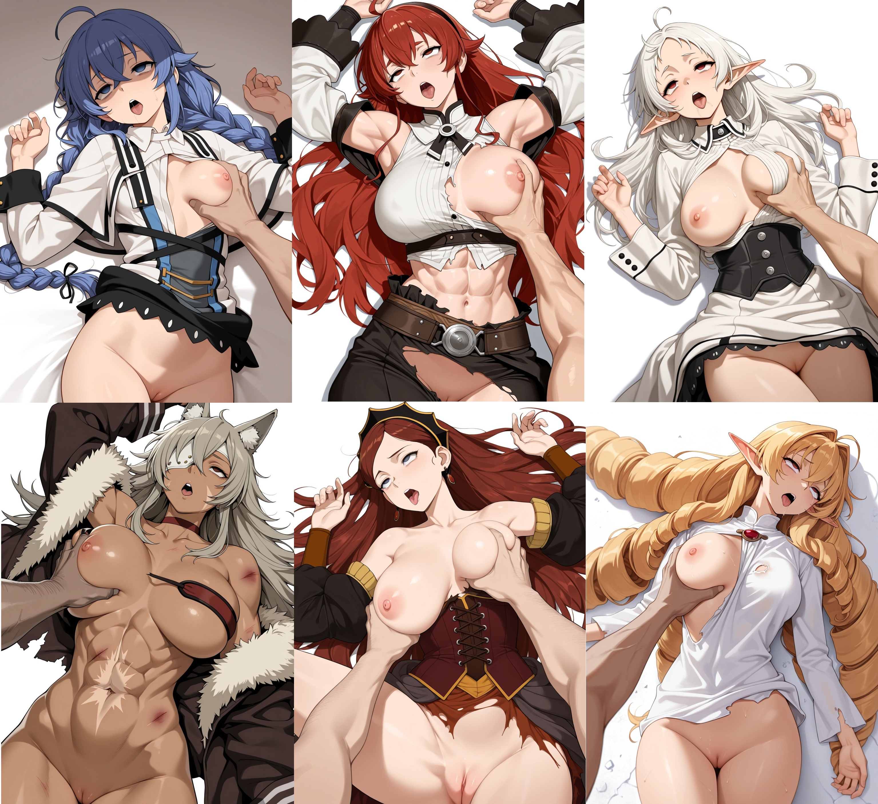 ahe gao, ai assisted, ai generated, defeated, defeated heroine, elinalise dragonroad, eris greyrat, from above, ghislaine dedoldia, grabbing, grabbing another's breast, hilda boreas greyrat, multiple girls, mushoku tensei, mushoku tensei: isekai ittara honki dasu, on back, roxy migurdia, sylphiette (mushoku tensei), unconscious