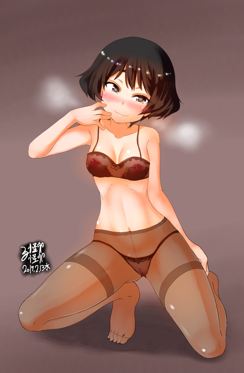 abs aquaegg black_bra black_hair black_legwear black_panties blush bra breasts breath brown_background brown_eyes collarbone eyebrows eyebrows_visible_through_hair female girls_und_panzer highres kneeling lingerie navel nipples panties pantyhose pussy see-through shiny shiny_hair shiny_skin short_hair simple_background smile solo underwear utsugi_yuuki