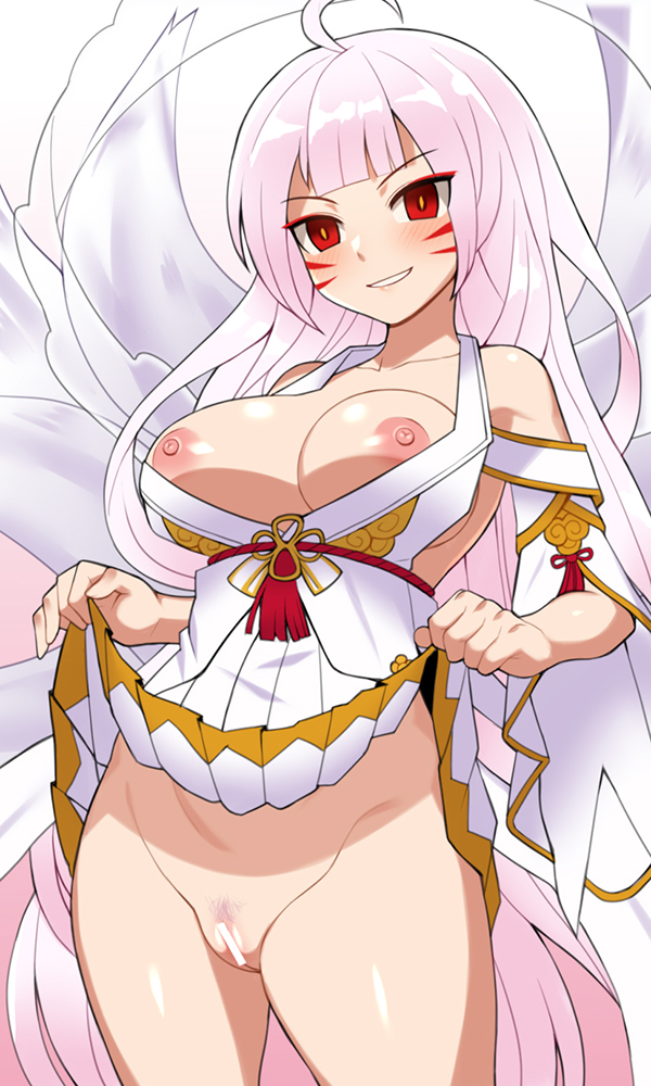 apsara_(elsword) ara_haan bikini blush braid breasts breasts_out detached_sleeves elsword eyebrows_visible_through_hair facial_mark female innie_pussy lowres micro_bikini nipples nt00 pubic_hair red_eyes skirt skirt_lift smirk swimsuit