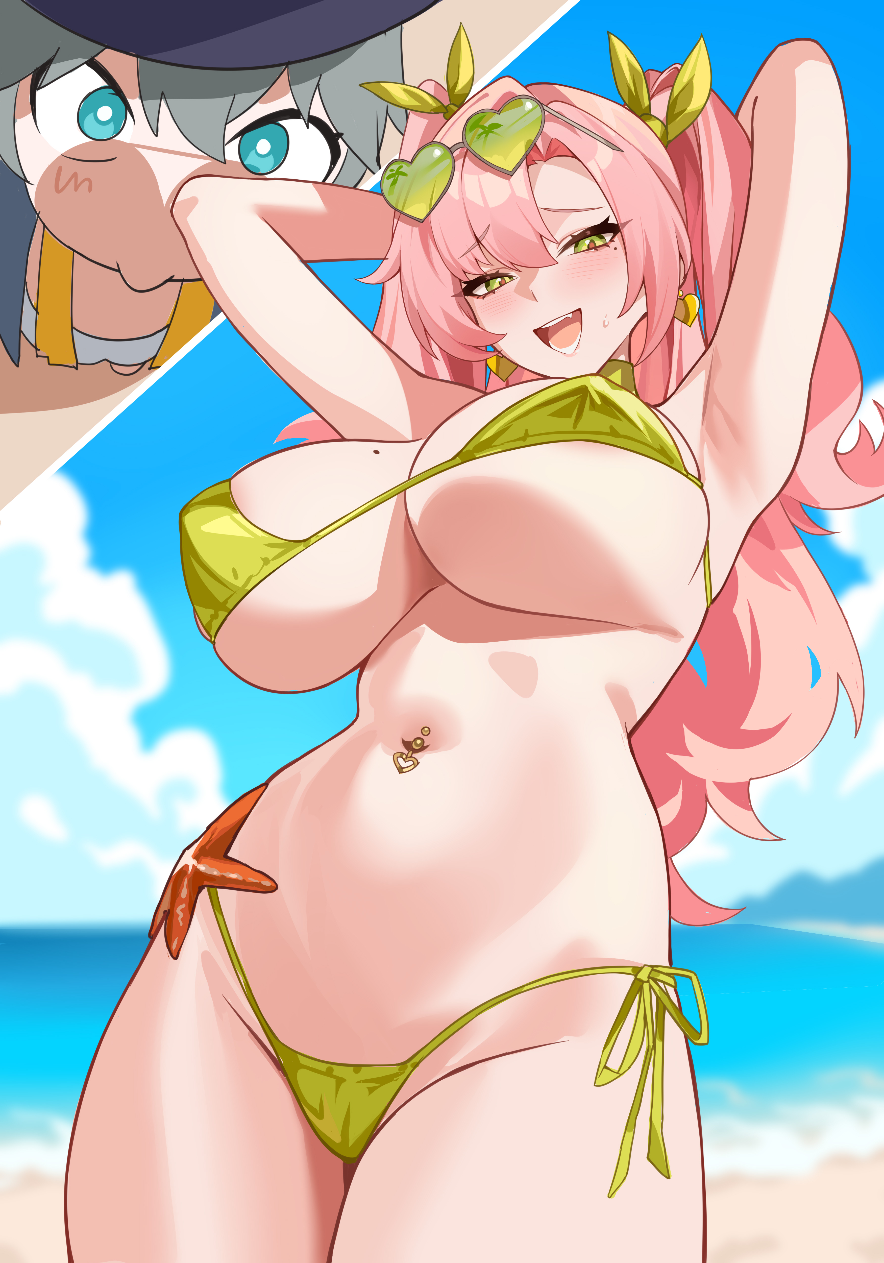1boy, 1girls, arms behind head, azur lane, belly piercing, big breasts, bikini, bikini bottom, bikini top, bottomwear, breasts, cleavage, cosplay, ear piercing, earrings, female, female focus, green bikini, green eyes, hair, hair ornament, hair ribbon, hairclip, heart earrings, hips, huge breasts, long hair, looking up, male, meme, meme reference, mole, mole on breast, mole under eye, nicole demara, official alternate costume, peacekeeper.45, pierced belly button, pierced nipples, piercing, pink hair, ribbon, smile, starfish, sunglasses, sunglasses on head, swimwear, thighs, topwear, twintails, wise (peaceful waves) (zenless zone zero), wise (zenless zone zero), zenless zone zero