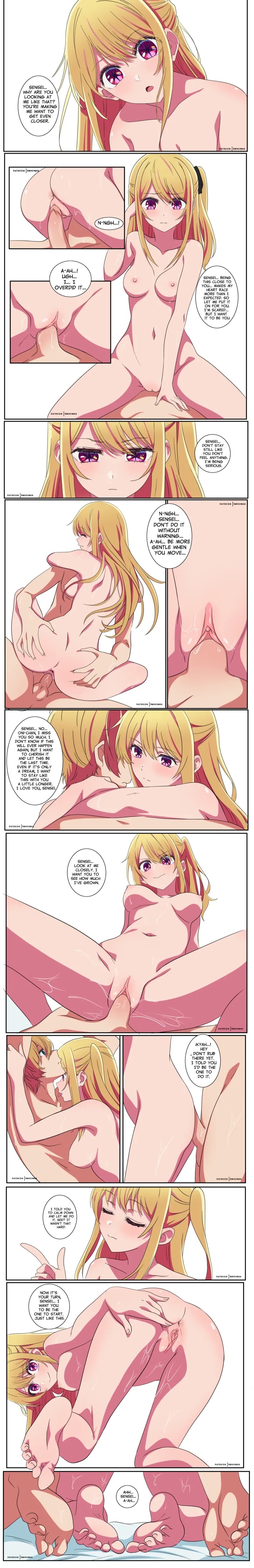 1boy, 1girls, blonde hair, blue eyes, brother and sister, comic, cowgirl position, fucked from behind, grabbing ass, hoshino aquamarine, hoshino ruby, hugging, hugging while having sex, incest, kevcrexx, medium breasts, oshi no ko, riding, riding penis, shaved pussy, taboo, teenage girl, teenage male, teenager, teenager on teenager, twincest, twins