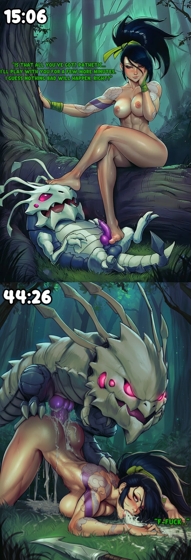 1boy, 1boy1girl, 1female, 1girl, 1girls, 1monster, ai assisted, ai generated, akali, arrogant, arrogant female, asking for it, ass, ass up, athletic, athletic female, big ass, big breasts, big butt, big penis, big thighs, child bearing hips, cocky, cocky smile, cum, cum in mouth, cum in pussy, cum inside, cum on floor, cum pool, curvaceous, curvaceous body, curvaceous female, curvaceous figure, curvaceous hips, curvaceous thighs, curvy, curvy female, dat ass, defeated, defeated heroine, deserved, deserved rape, enjoying rape, evil grin, evil smile, excessive cum, feet, female, female penetrated, femdom, foot fetish, footjob, forest, fucked from behind, fucked into submission, fucked senseless, fucked silly, game mechanics, gameplay mechanics, grass, huge cock, huge penis, instant loss, instant loss 2koma, interspecies, interspecies sex, kog'maw, large penis, larger male, larger monster, league of legends, monster, monster on female, monster penetrating, monster penetrating female, monster penetrating human, pleasure rape, purple penis, rape, raped by monster, raped female, riot games, role reversal, secretly loves it, smaller male, smirk, soles, sweatdrop, text, time, trunk, waifu