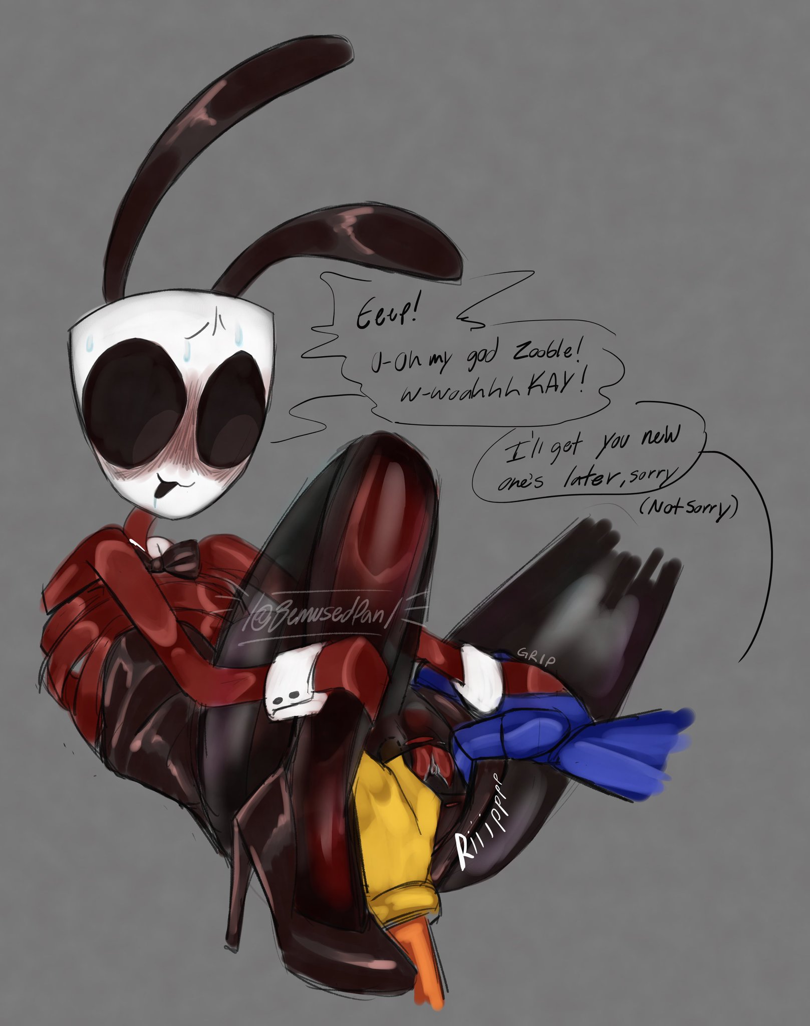 1girl, 1nonbinary, 2d, 2d (artwork), artist name, bunny ears, bunny girl, bunnysuit, excited, excited female, exposed pussy, gangle (tadc), gangle (the amazing digital circus), nervous smile, red body, suggestive pose, text, the amazing digital circus, torn clothes, torn clothing, zooble (tadc), zooble (the amazing digital circus)