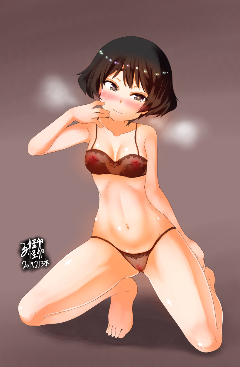 abs aquaegg black_bra black_hair black_panties blush bra breasts breath brown_background brown_eyes collarbone eyebrows eyebrows_visible_through_hair female girls_und_panzer highres kneeling lingerie navel nipples panties pussy see-through shiny shiny_hair shiny_skin short_hair simple_background smile solo underwear utsugi_yuuki