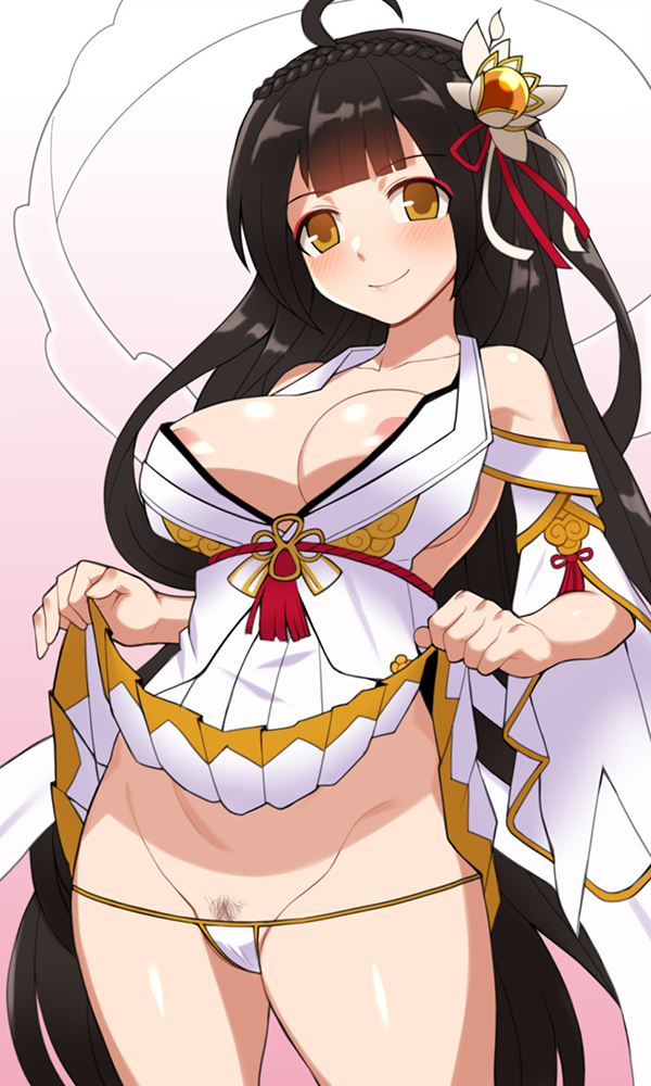 apsara_(elsword) ara_haan bikini blush braid detached_sleeves elsword eyebrows_visible_through_hair female lowres micro_bikini nipples nt00 pubic_hair skirt skirt_lift smile swimsuit