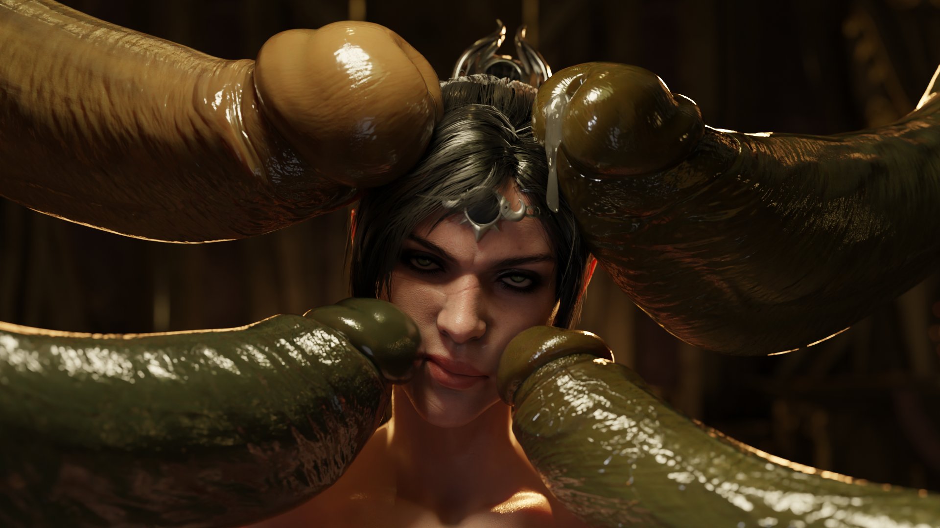1girls, 3d, 3d model, 4 penises, 4boys, annoyed expression, baldur's gate 3, black hair, bobbybuttbuck, elf, elf ears, elf female, female, green skin, green skinned male, huge cock, large penis, looking at viewer, male, meme, meme reference, multiple penises, naked, naked female, orc, orc male, pale skin, pale-skinned female, penis, penis on face, precum, precum drip, redline surrounded by guns (meme), shadowheart, spine (game), straight, surrounded by penises