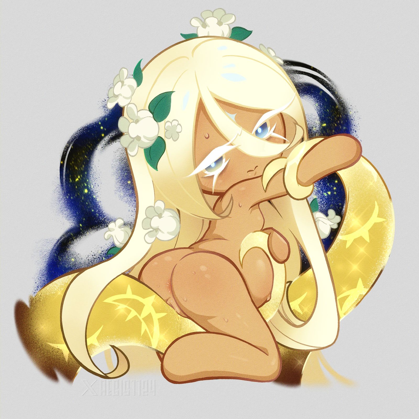 1boy, 1cuntboy, 1femboy, aegis1124, bags under eyes, blonde hair, blonde hair male, completely naked, completely naked male, completely nude, completely nude male, cookie run, cookie run kingdom, dark circles, flower, flower on head, flowers, gem, gem on forehead, kinktober, light yellow hair, light-blue eyes, long hair, long hair male, mark on forehead, nude, nude male, pregnant, pregnant belly, pregnant body, pregnant male, pretty, pretty boy, pretty face, pure vanilla cookie, sexy, sexy body, sexy pose, solo, solo cuntboy, solo femboy, solo focus, solo male, sweat, sweatdrop, sweating, sweaty, sweaty body, truthless recluse, vanussy, yellow body, yellow eyes male, yellow hair, yellow hair male