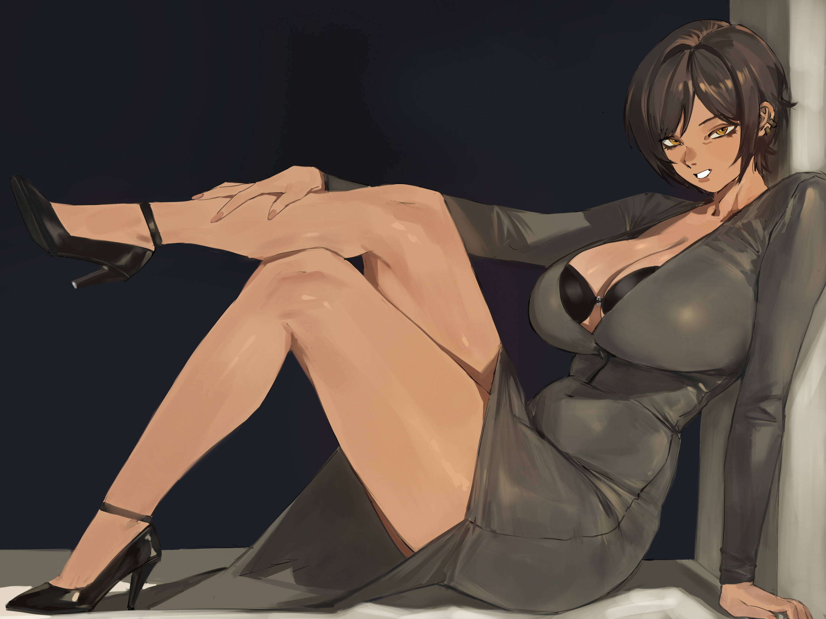 1girls, bags under eyes, belly, breasts, brown eyes, brown hair, cleavage, curvy, dark skin, dress, earrings, enargeia, female, female only, formal, grin, high heels, huge breasts, legs, limbus company, long legs, looking at viewer, mature, mature female, milf, mommy, outis (limbus company), project moon, short hair, smile, solo, taiyang yu, thick thighs, thighs