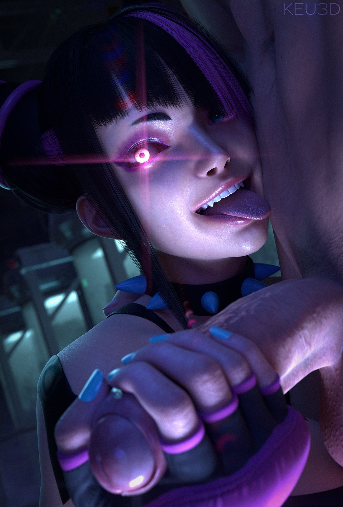 1boy, 1girls, 2026, 3d, black hair, clothed, clothed female, collar, completely nude, detailed background, duo, female, fingerless gloves, gloved handjob, gloves, glowing eyes, hand around penis, handjob, indoors, juri han, keu3d, licking abs, long hair, male, medium breasts, nail polish, navel, nude, nude male, painted nails, penis, pink streak, purple eyes, spiked collar, straight, street fighter, street fighter 6, teal nail polish, tied hair