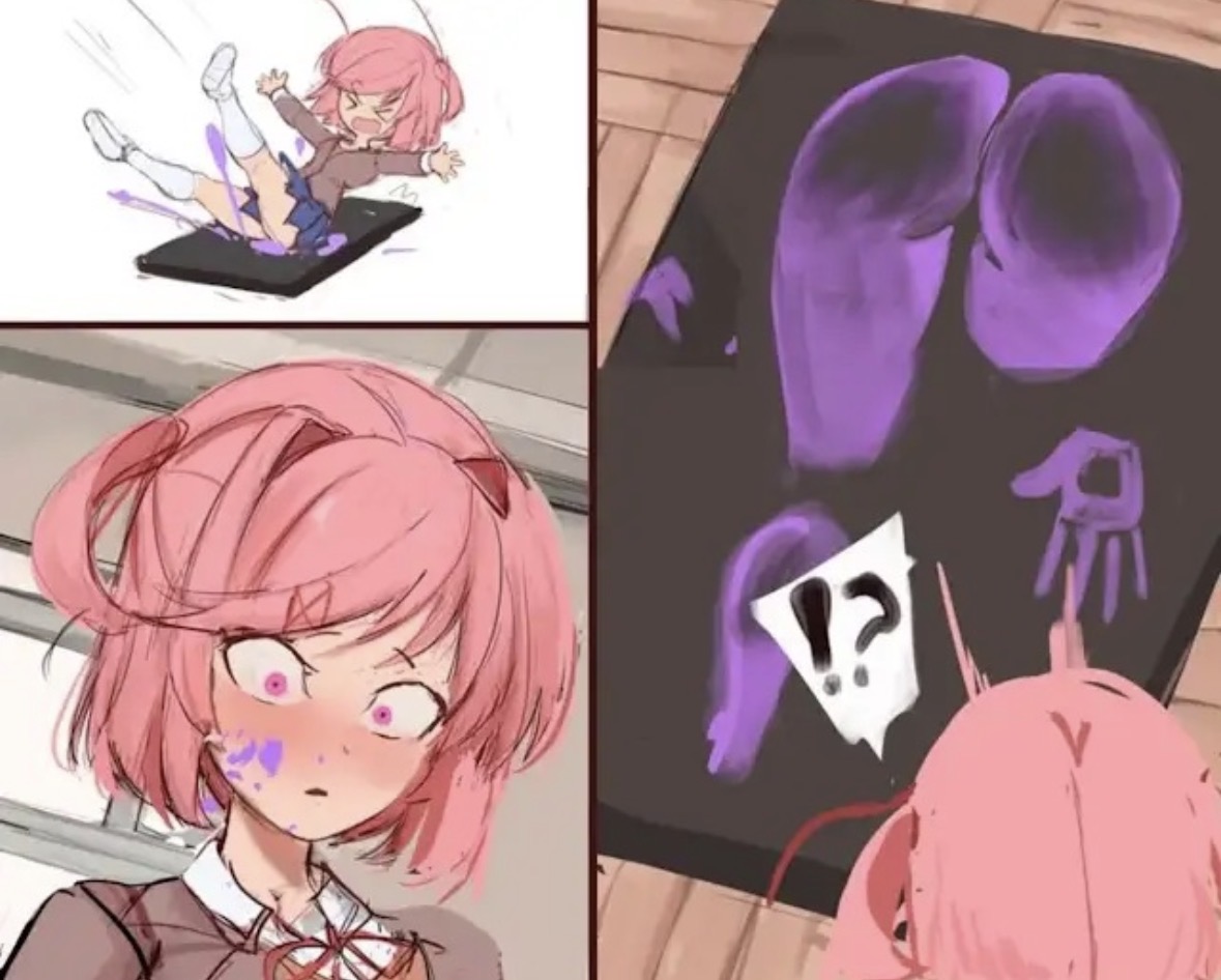 ass, big ass, comic panel, doki doki literature club, falling, hair ornament, natsuki (doki doki literature club), paint, pink eyes, pink hair, rakeemspoon, school uniform, shocked, shocked expression, shocked eyes, shocked face, short hair, text, text bubble, thick thighs