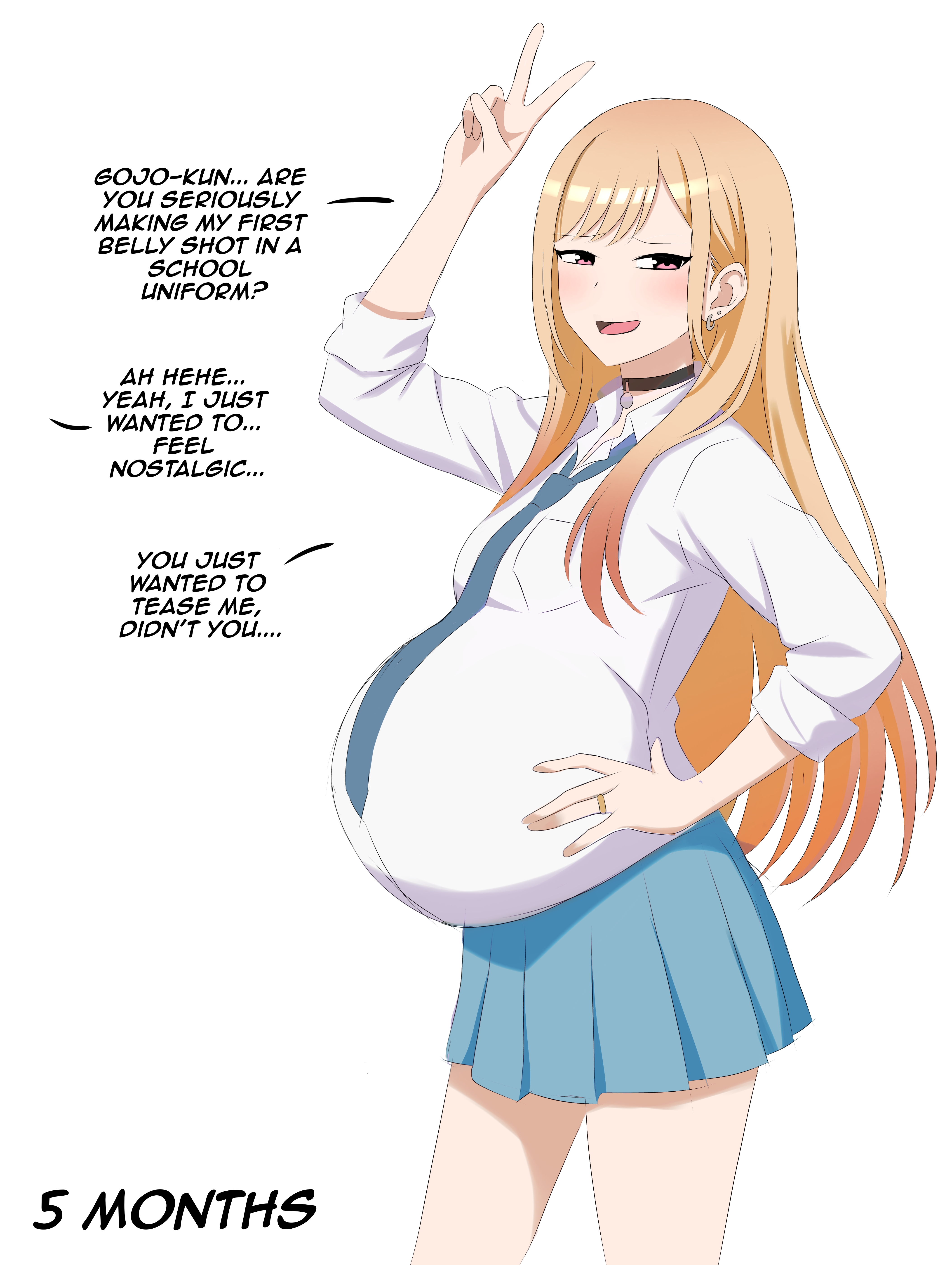 1girls, aged up, big belly, bloated belly, blonde hair, blush, choker, clothed, clothing, earrings, embarrassed, female, female focus, kitagawa marin, long hair, milf, my dress up darling, pink eyes, pregnant, sarawa kotoku, school uniform, skirt, sono bisque doll wa koi wo suru, wedding ring, wholesome