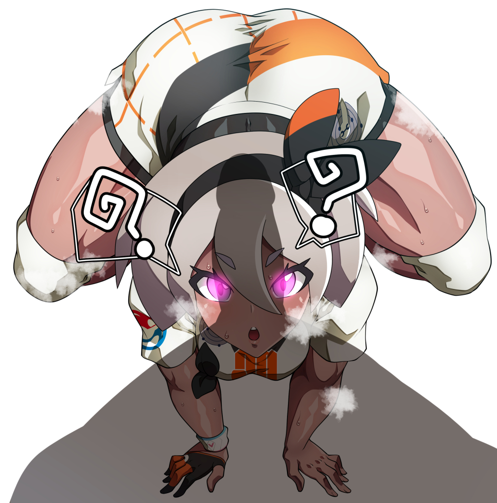 1boy, 1girl, all fours, alternate eye color, arm support, ass, bea (pokemon), black bodysuit, black hairband, blush, bodysuit, bodysuit under clothes, bow hairband, breasts, collared shirt, dark skin, dark-skinned female, erection, front facing with ass, full body, gloves, glowing, glowing eyes, grey hair, hair between eyes, hairband, heavy breathing, hetero, hypnosis, imminent fellatio, legs apart, lips, looking at another, looking at penis, looking at viewer, medium breasts, mind control, nintendo, nitamago0s0284, penis shadow, pink eyes, pokemon, pokemon ss, pokemon sword and shield, question mark, shiny skin, shirt, short hair, short sleeves, shorts, simple background, single glove, speech bubble, steaming body, sweatdrop, thighs, white background, wide hips