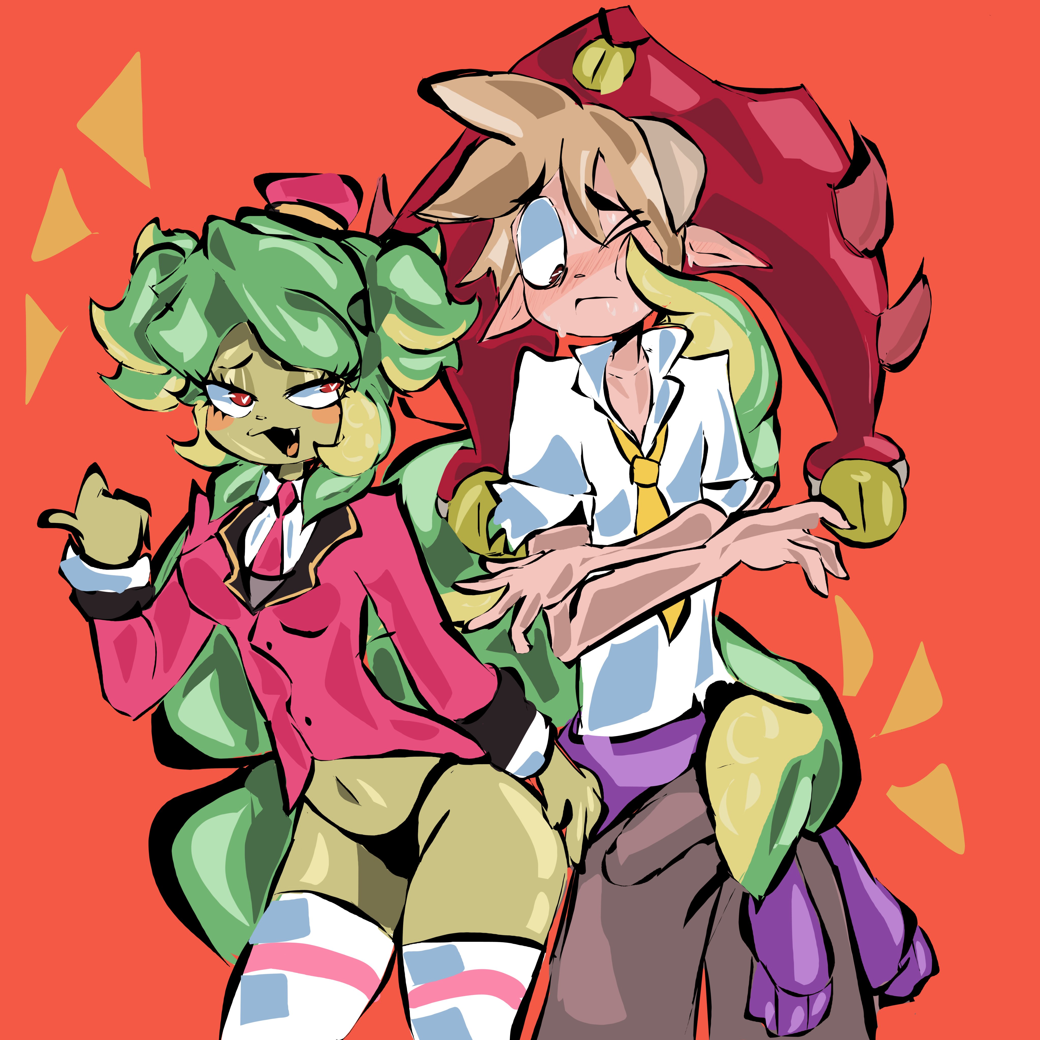 1boy, 1boy1girl, 1girl, 1girls, academy mandy (brawl stars), belly button, black panties, black underwear, bottomless, brawl stars, bulge, bulge through clothing, chester (brawl stars), erect penis, erection, erection under clothes, green body, green skin, heart eyes, heart-shaped pupils, implied sex, male, male/female, mandy (brawl stars), monster girl, nervous, panties, school uniform, smug, string panties, sweat, sweating, sweating male, tentacle, tentacle hair, tentacle on male, tentacles, thick thighs, thighhighs, thighs, tie, tongue, underwear, white shirt, white thighhighs, wide hips