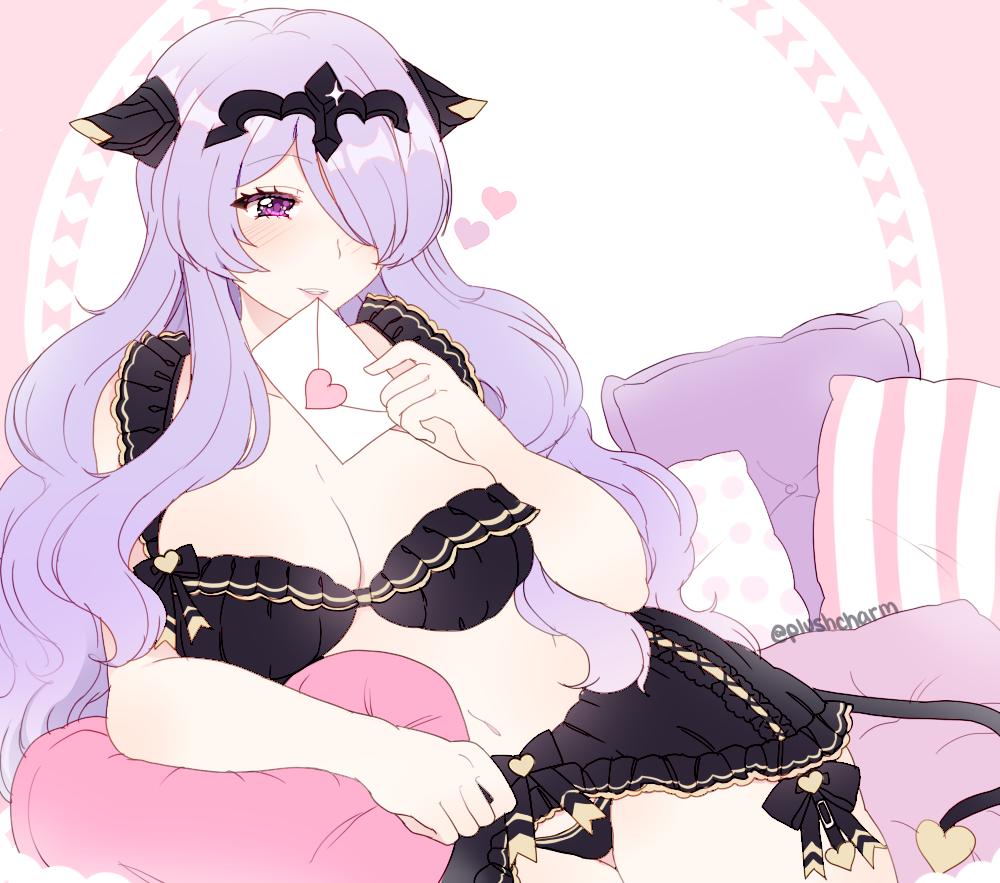 breasts camilla_(fire_emblem) cleavage envelope female fire_emblem fire_emblem_fates hair_over_one_eye heart holding_envelope large_breasts long_hair parted_lips pillow plushcharm purple_eyes purple_hair solo tiara twitter_username