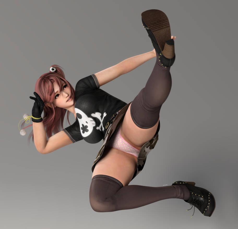 1girls 3d 3d_(artwork) belly beltskirt black_shirt brown_legwear brown_shoes camouflage_skirt dead_or_alive dead_or_alive_5 female female_only honoka_(doa) jean_skirt kicking legs_up microskirt nylons panties pink_hair pink_panties polka_dot_panties red_eyes skirt smile solo underboob upskirt x2gon