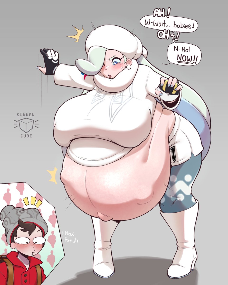 1girls, age difference, big belly, big breasts, bloated belly, blue eyes, blush, clothed, clothing, female, female focus, fetal movement, fetish awakening, gym leader, heavily pregnant, heavy belly, long hair, melony (pokemon), navel, nintendo, older female, outie navel, pokemon, pokemon ss, pregnancy fetish, pregnant, pregnant with multiples, ready to pop, suddencube (artist), turned on, uncomfortable, victor (pokemon), white hair