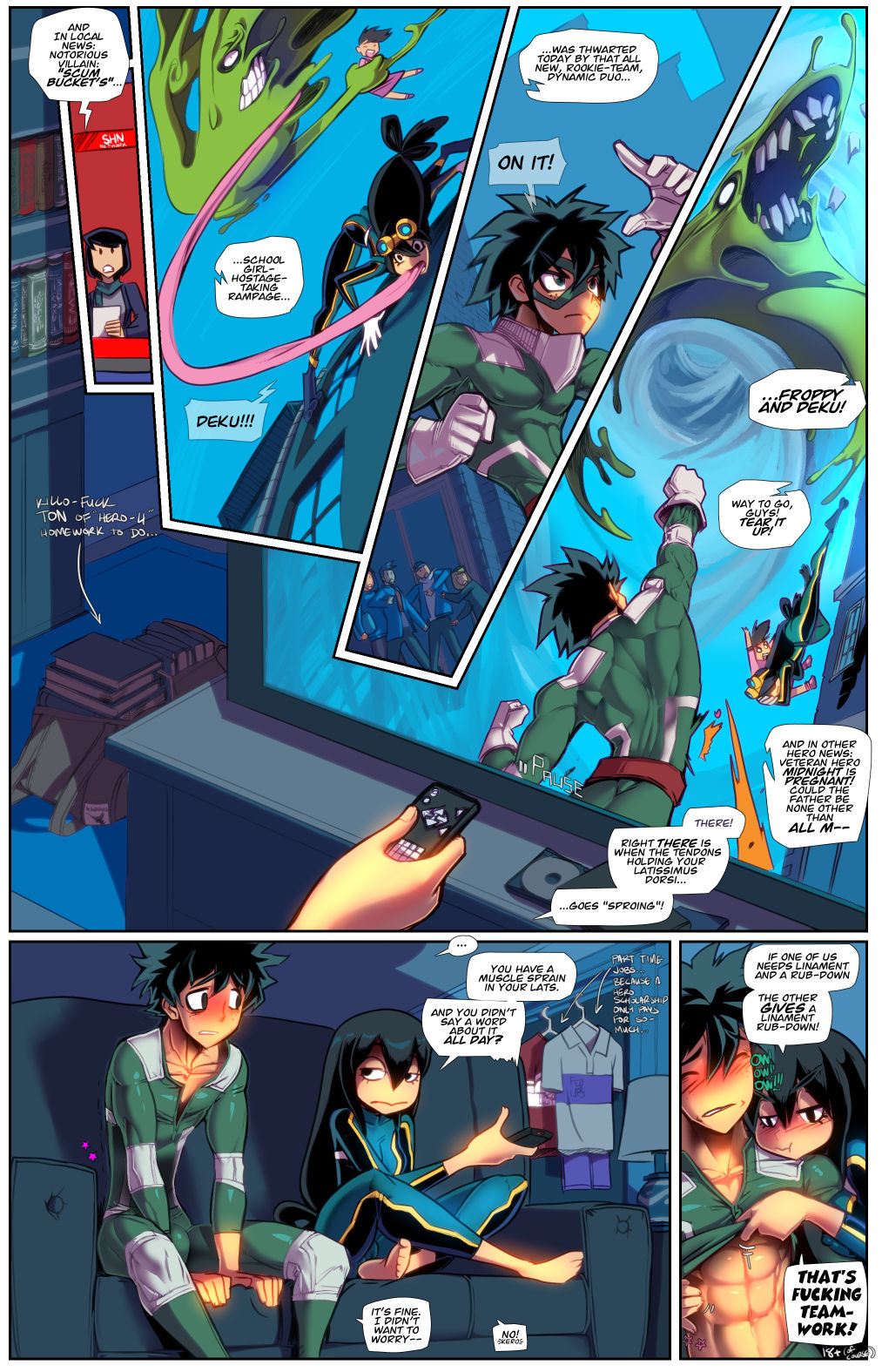 1boy, 1girls, 2019, abs, blush, breasts, clothed, clothing, comic, dialogue, english text, female, fred perry, frog girl, green eyes, green hair, green-haired female, green-haired male, hero outfit (mha), heroine, human, humanoid, izuku midoriya, light skin, light-skinned male, long hair, long tongue, male, male/female, muscles, muscular, muscular male, my hero academia, partners, tongue, tongue out, tsuyu asui, tv, tv screen