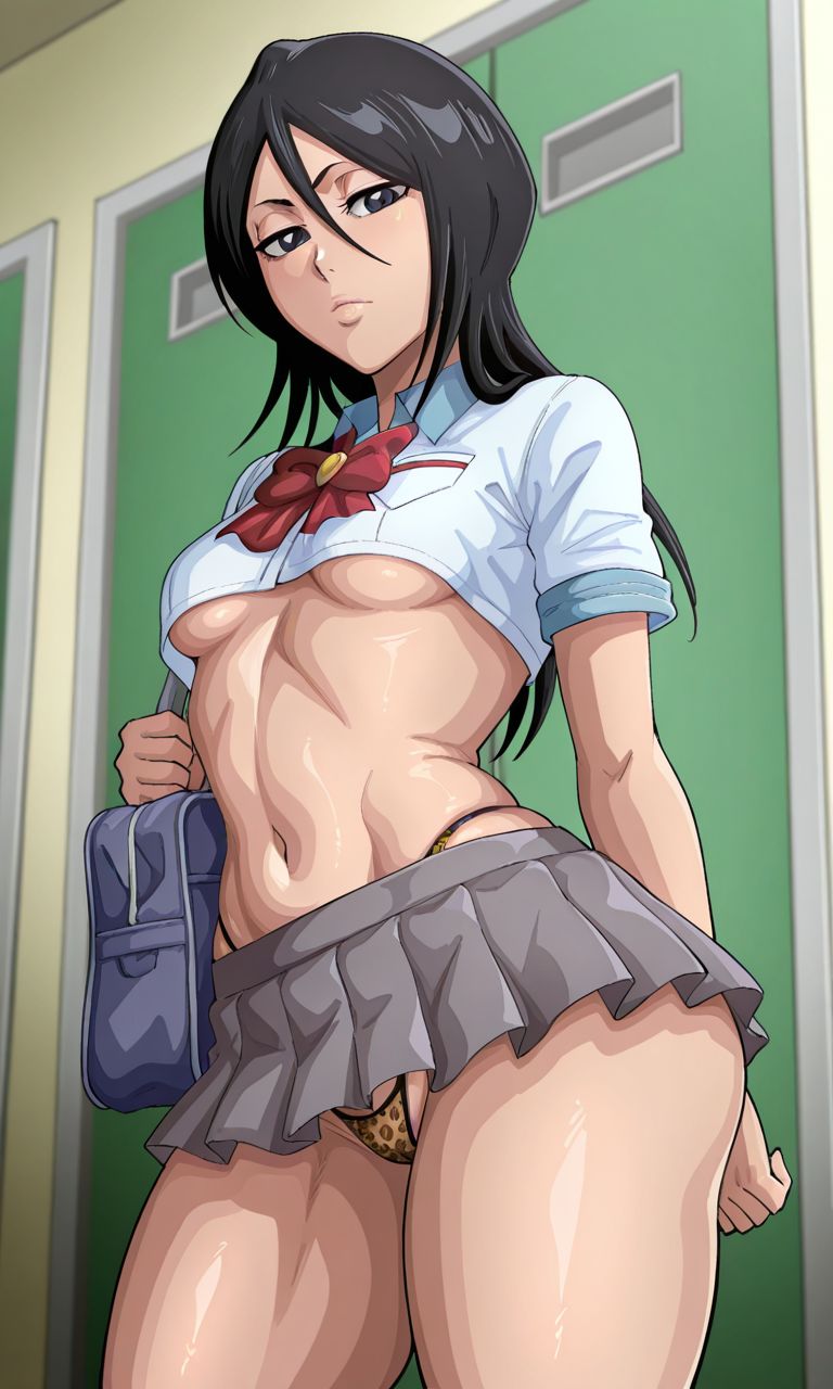 1girls, ai generated, bag, big thighs, bleach, bleach: the thousand-year blood war, classroom, curvy, curvy body, curvy female, curvy figure, curvy thighs, female, female only, kuchiki rukia, kyoru189, looking at viewer, mature female, milf, miniskirt, mommy, rukia kuchiki, school, school uniform, schoolgirl, schoolgirl uniform, shiny, shiny skin, short sleeves, small breasts, solo, solo female, stomach, thong, underboob