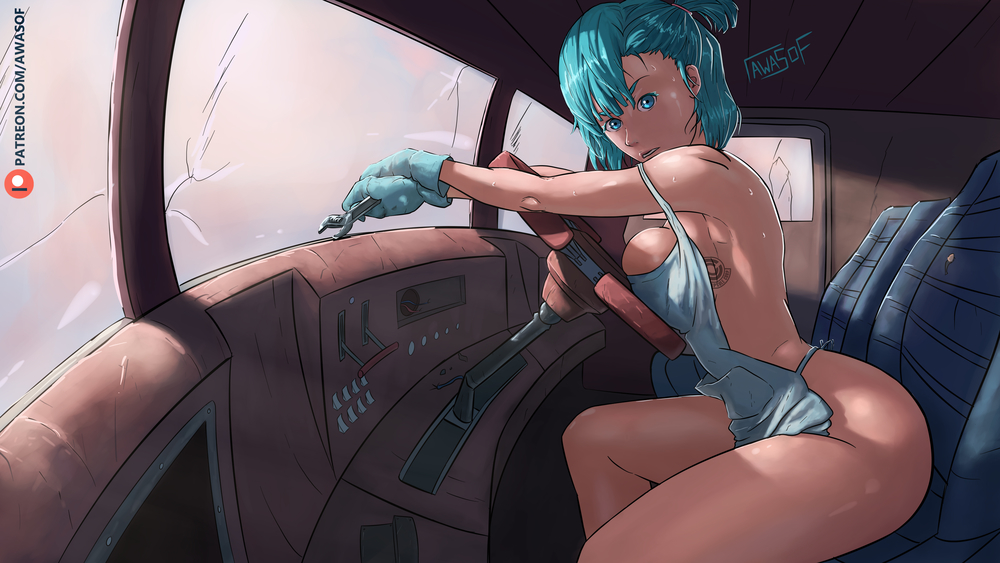 1girls apron apron_only art_with_a_side_of_fries awasof big_breasts blue_eyes blue_hair bulma_briefs car dragon_ball milf naked_apron teenager thick_thighs wrench