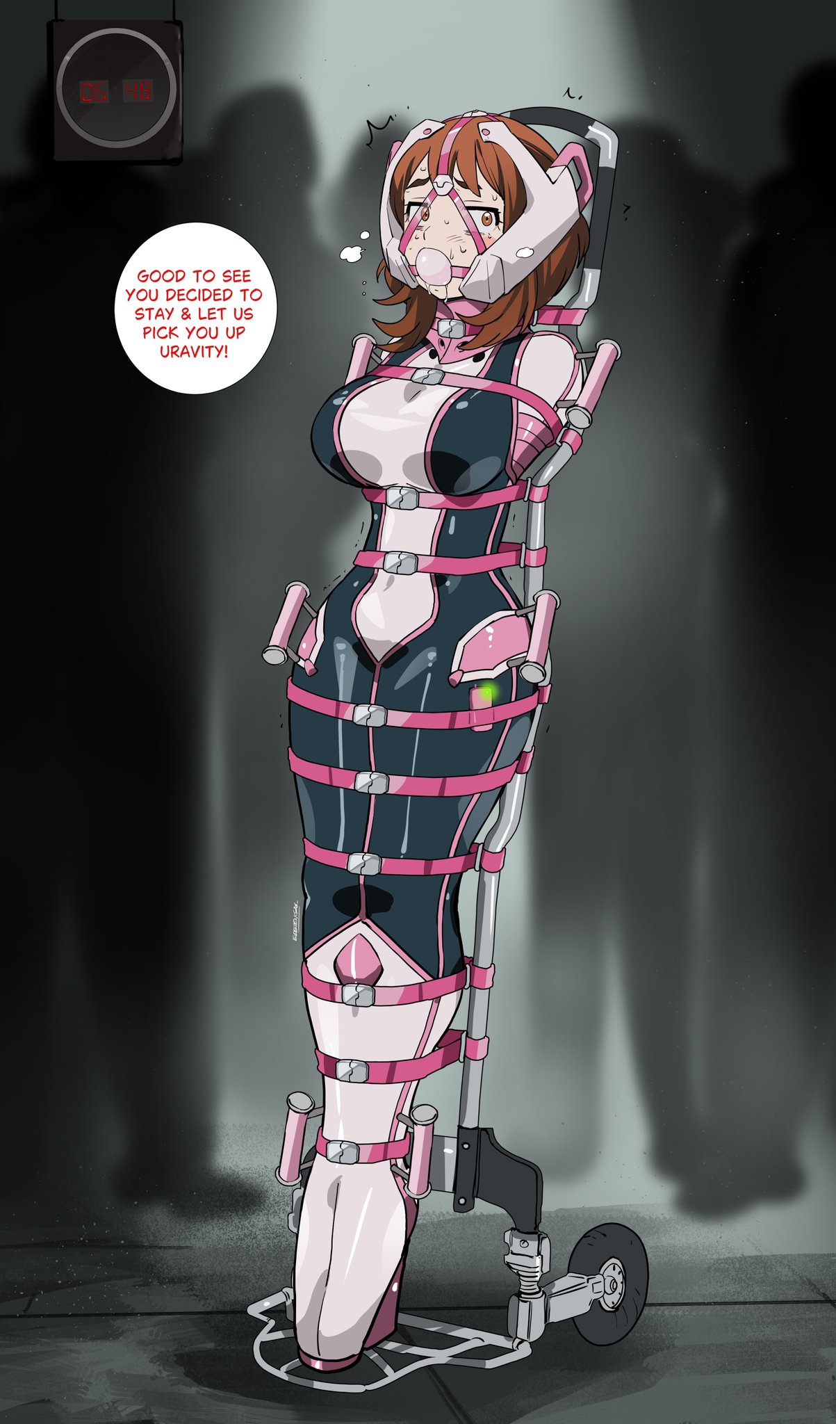 ankles tied, arms behind back, ball gag, bdsm, belt bondage, blush, boku no hero academia, bondage, bound, captured, captured heroine, commission, defeated, defeated heroine, dialogue, drooling, english text, eudetenis, hand truck, harness ball gag, harness gag, immobile, legbinder, my hero academia, nervous, nervous sweat, ochako uraraka, ochako uraraka (hero outfit), orange eyes, steamy breath, strapped down, timer, tremble lines, trembling, very high heels, vibrator, visible breath
