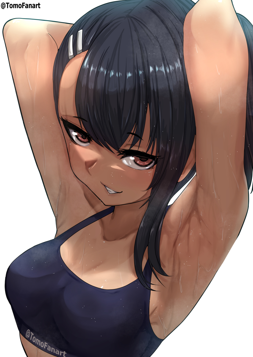 1girl, absurdres, armpits, arms up, black hair, breasts, collarbone, female focus, from above, grin, hair ornament, hairclip, hayase nagatoro, highres, ijiranaide nagatoro-san, looking at viewer, looking up, medium breasts, nagatoro hayase, please don't bully me, nagatoro, red eyes, shadow, simple background, single sidelock, smile, solo, sports bra, sweat, tan, teeth, tomodachi (tomofanart), twitter username, upper body, wet, white background