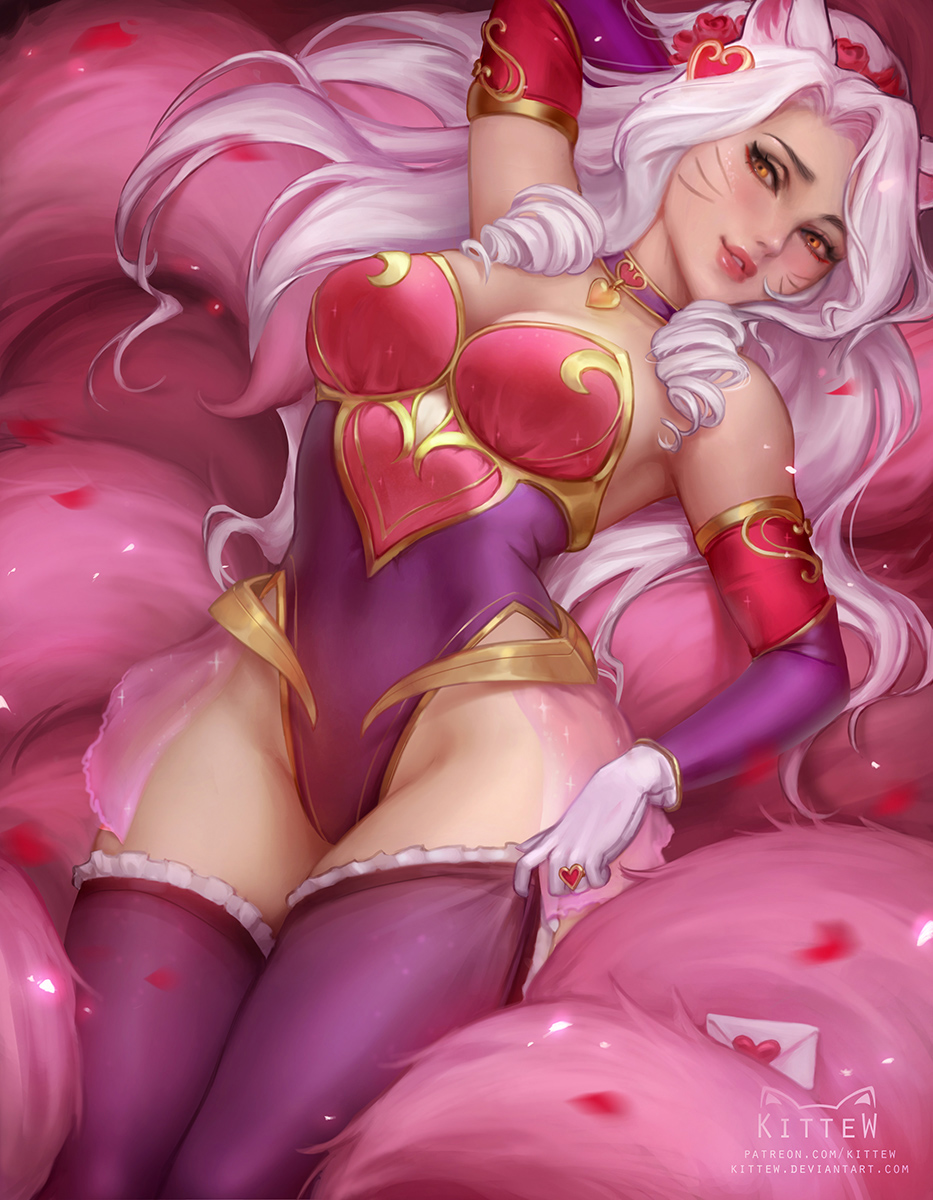 ahri, blush, breasts, cleavage, female, female only, kittew, league of legends, looking at viewer, solo, sweetheart ahri, thighhighs, valentine's day