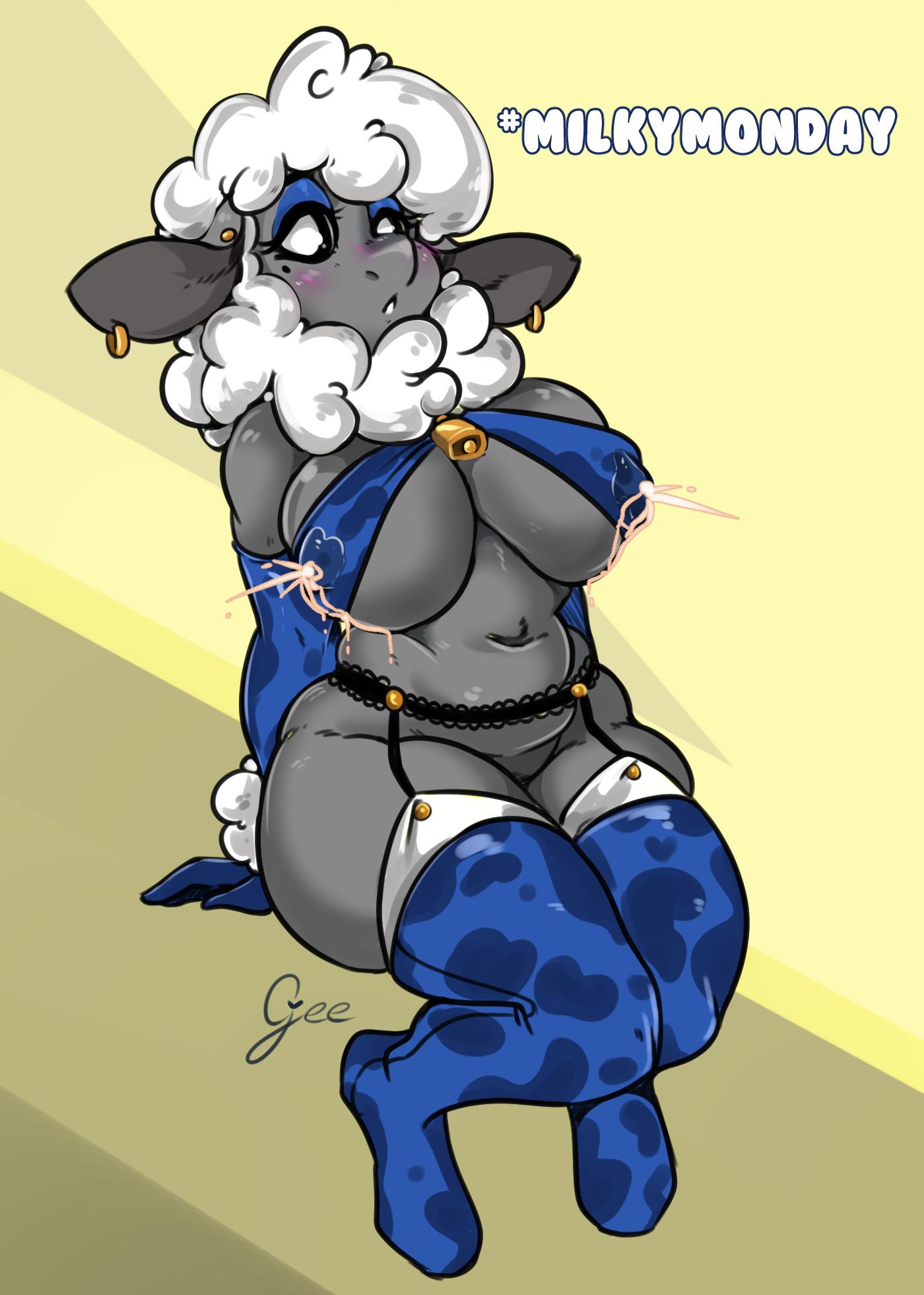 anthro armwear arnachy big_breasts bovid breasts character_request clothing ear_piercing ear_ring female furry lactating lactation legwear mammal milk original original_character ovine piercing sheep slightly_chubby solo thick_thighs wide_hips wool