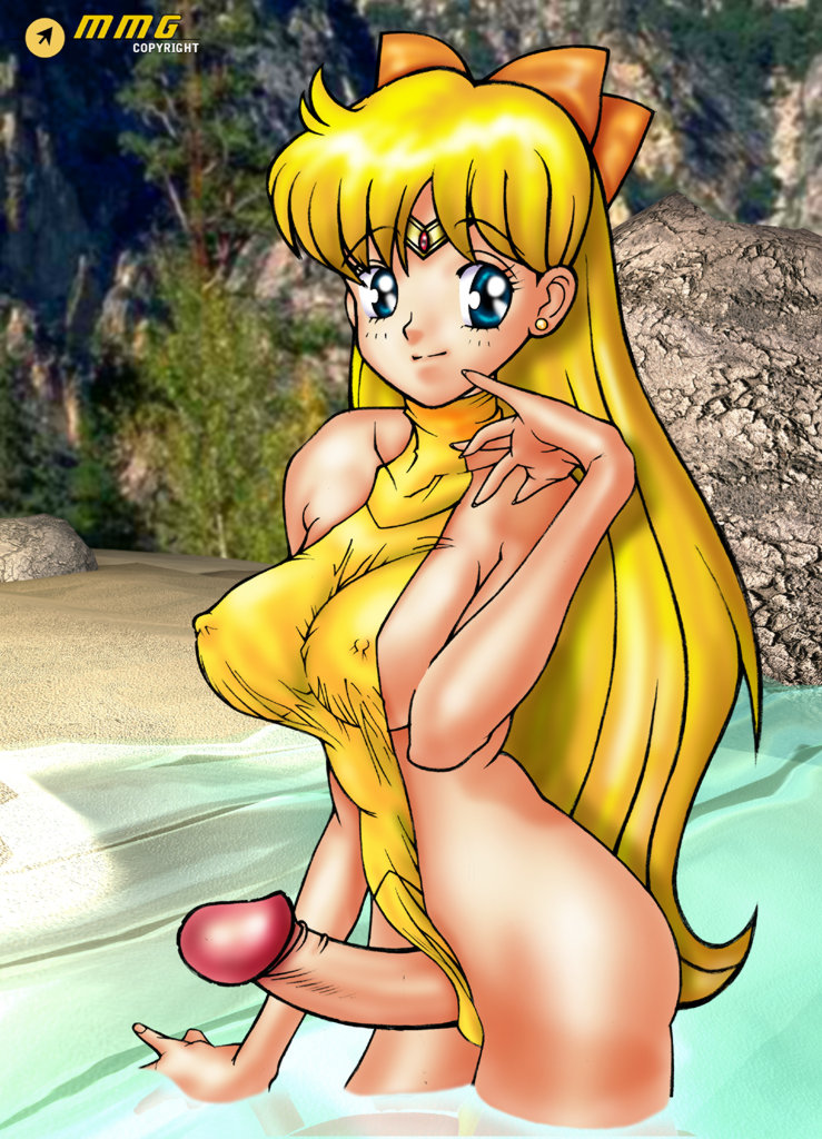 1futa bishoujo_senshi_sailor_moon blonde_hair blue_eyes bow breasts earrings futa_only futanari intersex large_breasts minako_aino mmg one-piece_swimsuit penis sailor_venus smile solo swimsuit water