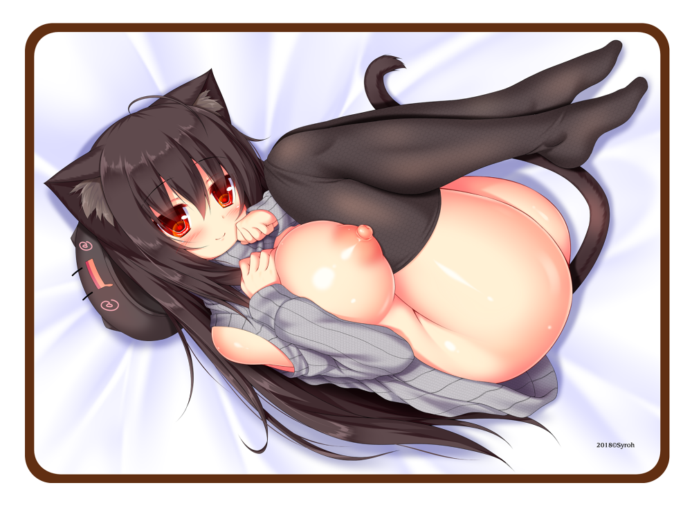 ahoge animal_ear_fluff animal_ears bangs black_legwear blush breasts brown_hair cat_ears cat_tail closed_mouth eyebrows_visible_through_hair female full_body grey_sweater hair_between_eyes large_breasts long_hair long_sleeves looking_at_viewer lying mia_flatpaddy naked_sweater nipples no_bra no_panties no_shoes on_side original red_eyes ribbed_sweater smile solo sweater syroh tail thighhighs