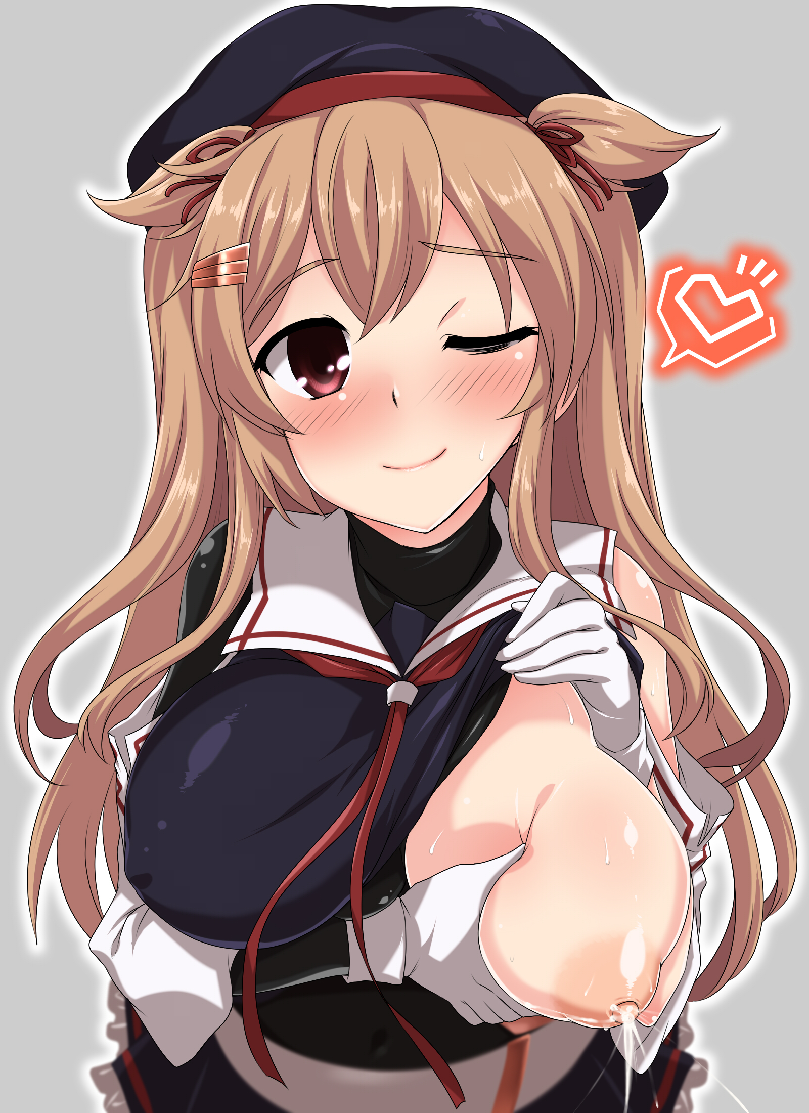 blush, breasts, brown hair, female, full-face blush, gloves, hair ornament, hairclip, hat, highres, kantai collection, lactation, long hair, looking at viewer, murasame (kantai collection), nipples, one breast out, one eye closed, school uniform, serafuku, smile, solo, sweat, two side up, white gloves, yoshi tama