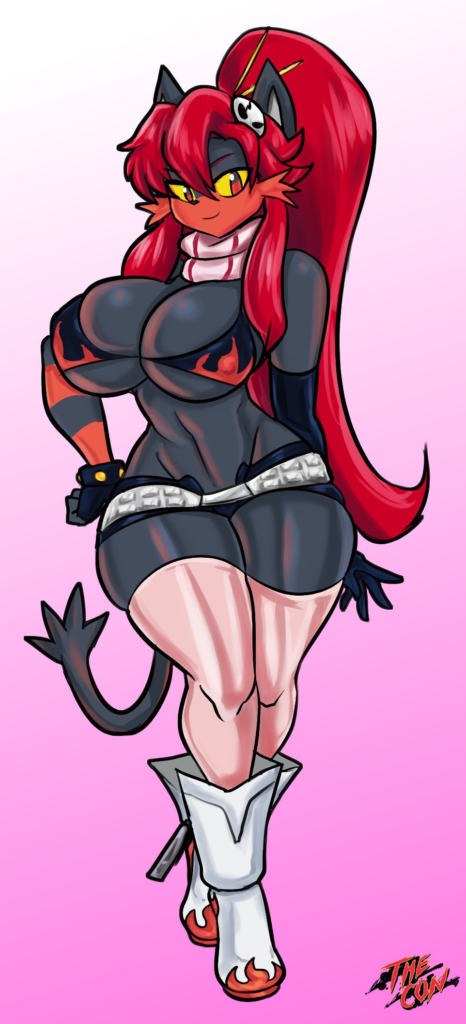 1girls 2019 abs anthro anthrofied big_breasts black_fur boots bra breasts bursting_breasts cat_ears crossover elbow_gloves feline female female_focus female_only furry gloves gradient_background hand_on_hip large_breasts litten long_hair looking_at_viewer nintendo original_character pokemon pokemon_sm ponytail red_eyes red_hair smile solo tail tengen_toppa_gurren_lagann text thecon thick_thighs thighhighs watermark wide_hips yellow_sclera yoko_litten yoko_littner yoko_littner_(cosplay)