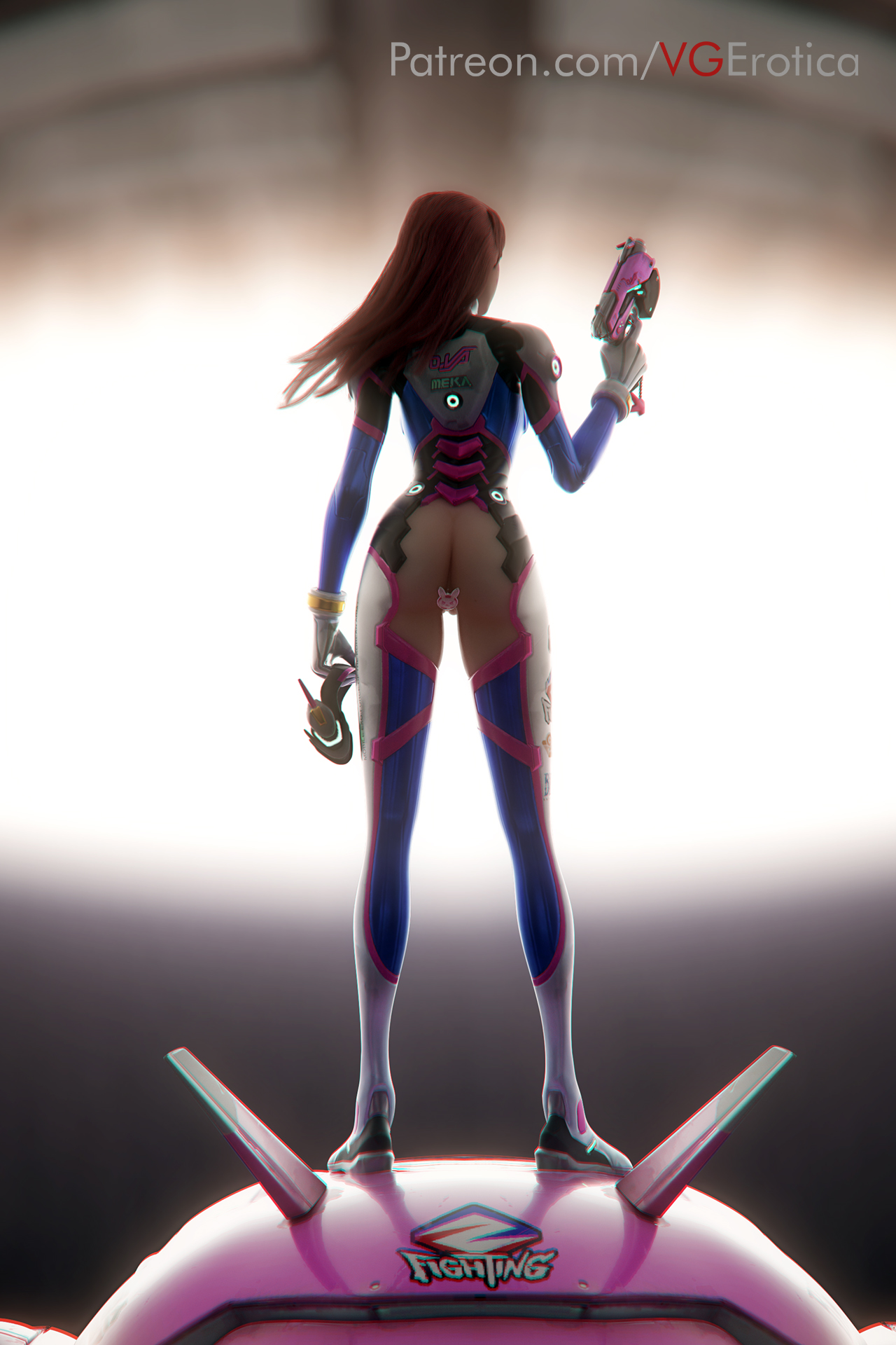 1girls, 3d, anal plug, ass, bodysuit, brown hair, buttplug, crotchless, crotchless clothes, d.va, exposed ass, female, female only, from behind, gloves, gun, hair down, headgear, headgear removed, long hair, no panties, overwatch, patreon url, pistol, shoulder length hair, solo, source request, standing, vgerotica, weapon