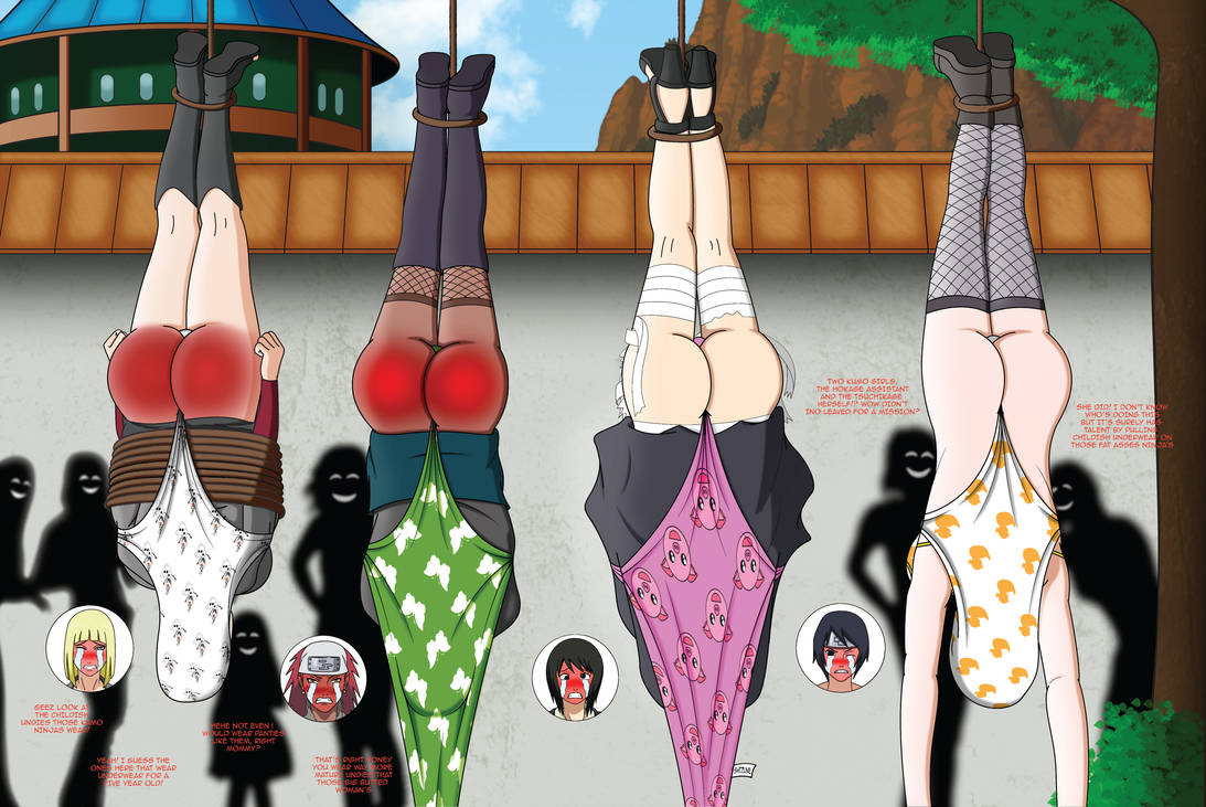 4girls, ass, atomic wedgie, bandage, bandages, big ass, boots, bubble ass, bubble butt, dark skin, dark-skinned female, dialogue, female, female only, heels, humiliation, karui, kurotsuchi, large ass, long boots, multiple females, multiple girls, naruto, naruto (series), naruto shippuden, panties, red ass, samui, sandals, shizune, shoes, thesecondstart3 (artist), wedgie