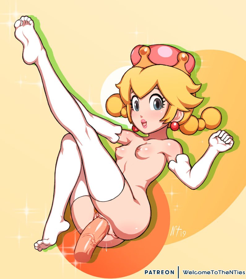 1boy, 1girls, anus, ass, blonde hair, blonde pubic hair, breasts, crown, disembodied penis, earrings, elbow gloves, erection, female, fungi fauna, gloves, grey eyes, leg up, lips, lipstick, long gloves, looking at viewer, male, mario (series), new super mario bros. u deluxe, nintendo, nipples, noisetanker, nude, open mouth, peachette, penetration, penis, pigtails, pubic hair, pussy, pussy juice, sex, small breasts, solo focus, stockings, straight, super crown, thighhighs, thighs, toadette, vagina, vaginal, vaginal penetration, white thighhighs, wide hips
