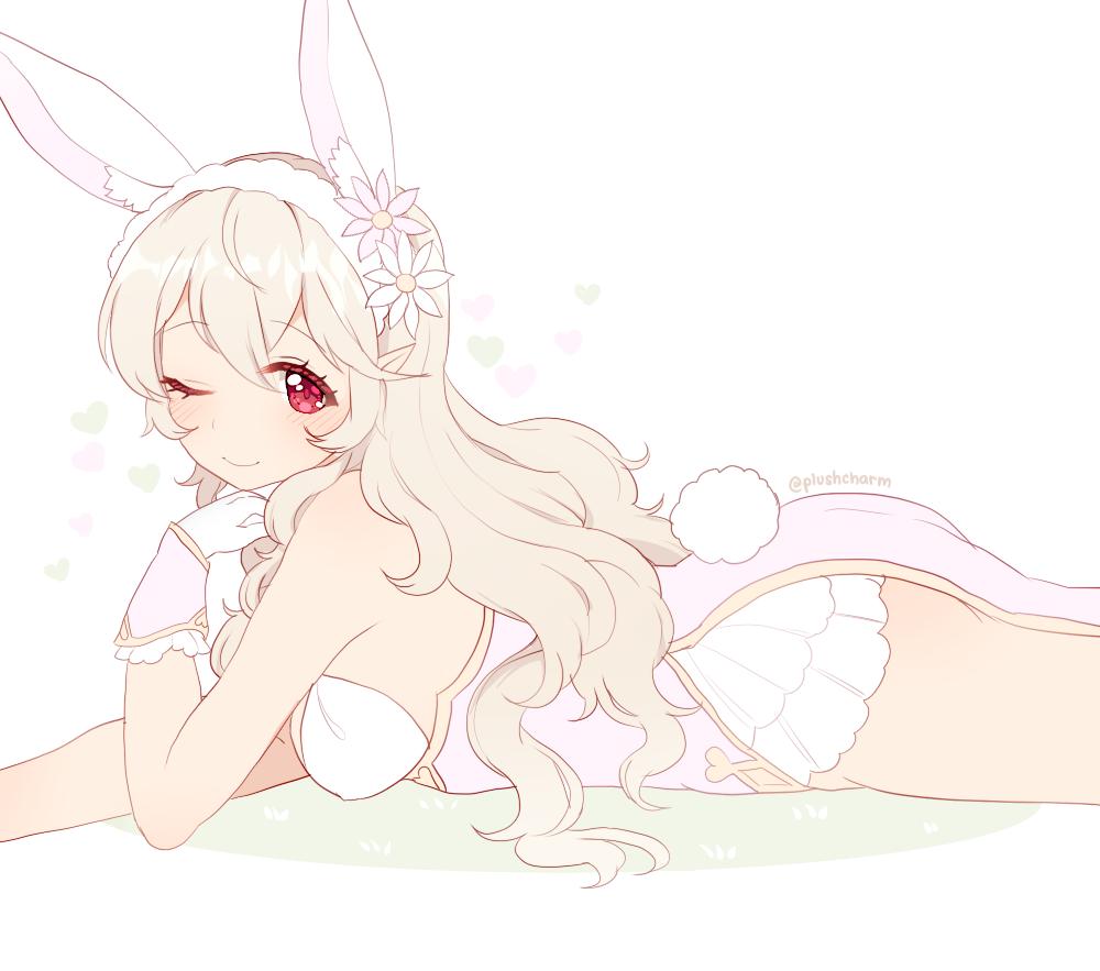 animal_ears bunny_ears bunny_tail closed_mouth corrin_(fire_emblem) corrin_(fire_emblem)_(female) elf fake_animal_ears fake_tail female fire_emblem fire_emblem_fates fire_emblem_heroes gloves heart in_profile long_hair looking_to_the_side lying on_stomach one_eye_closed plushcharm pointed_ears red_eyes simple_background smile solo tail twitter_username white_background white_gloves white_hair